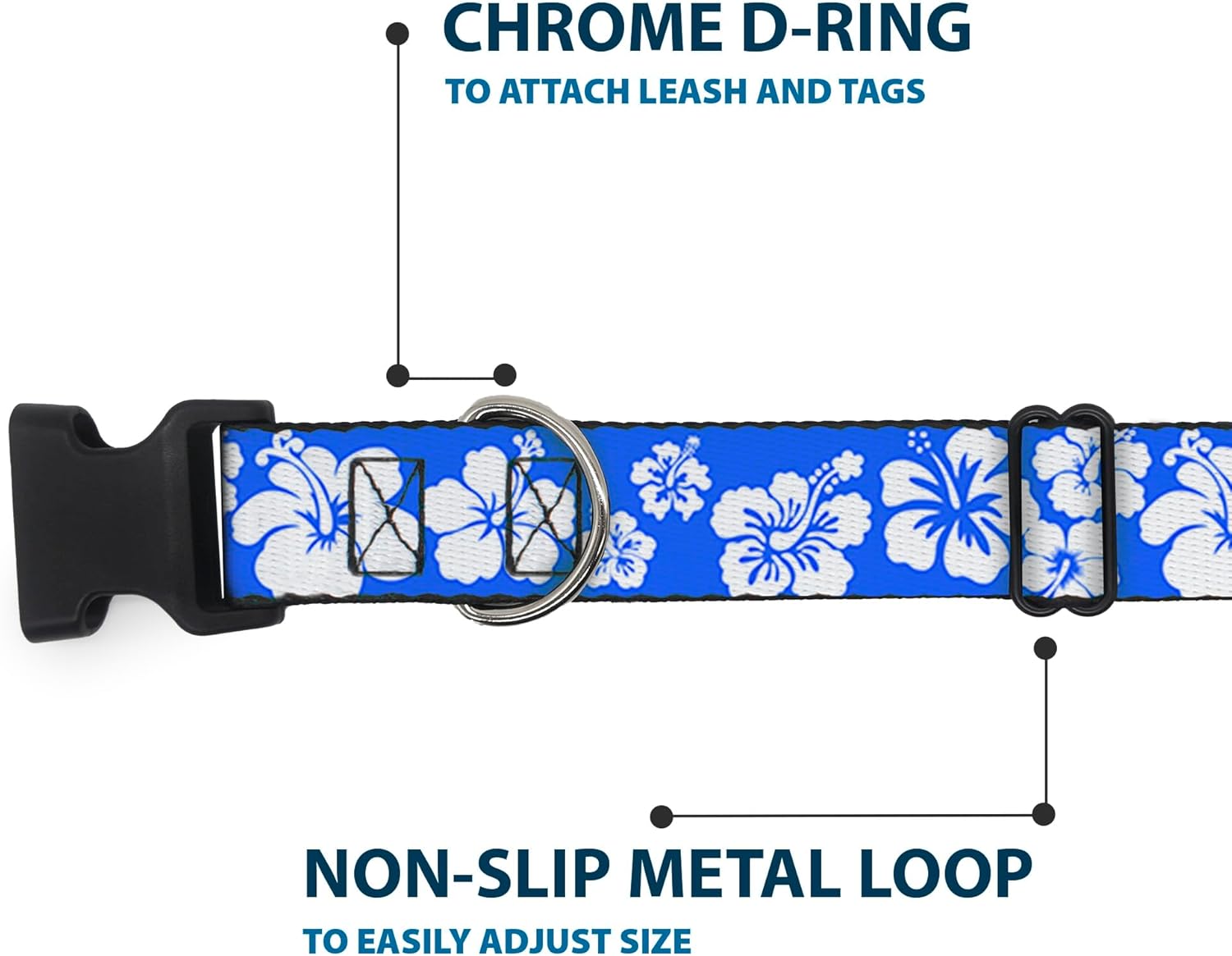 Buckle-Down Plastic Clip Collar - Hibiscus Blue/White - 1.5" Wide - Fits 18-32" Neck - Large