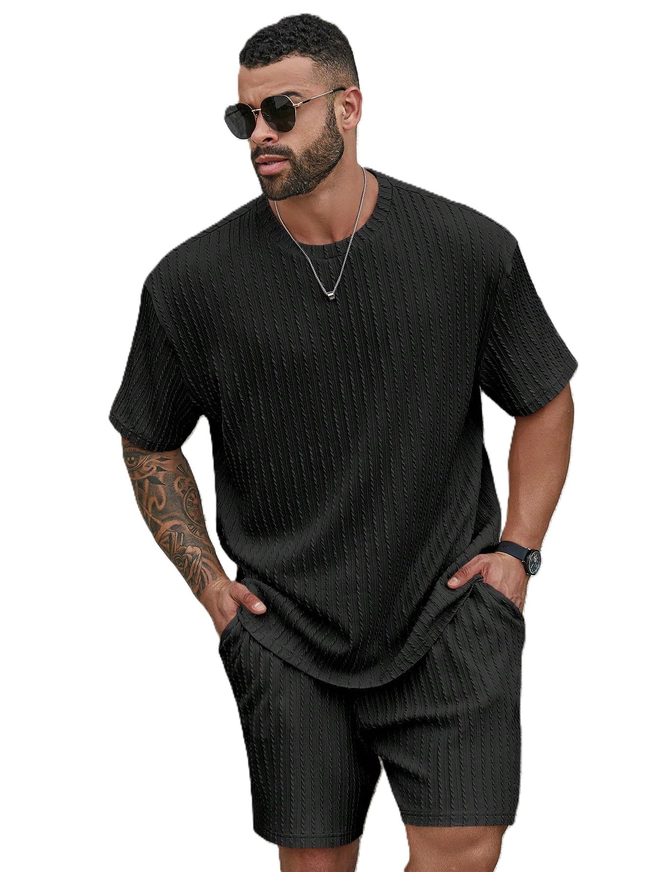 Men's 2 Piece Outfits Short Sleeve Crewneck Summer T Shirt and Drawstring Casual Track Shorts Set-image-26