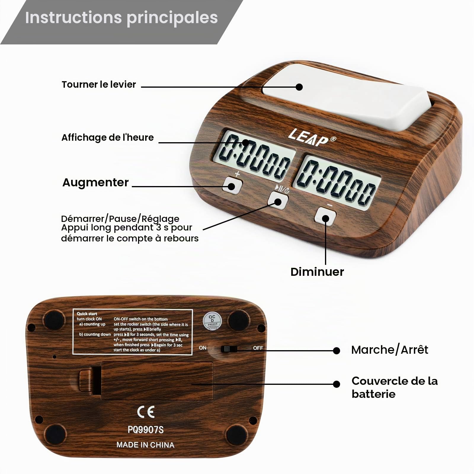 LEAP Horloge d'échecs avec fonctions de compte à rebours, d'alarme bonus et de délai pour les échecs et les jeux de société à 2 joueurs - Aspect classique en bois grainé
