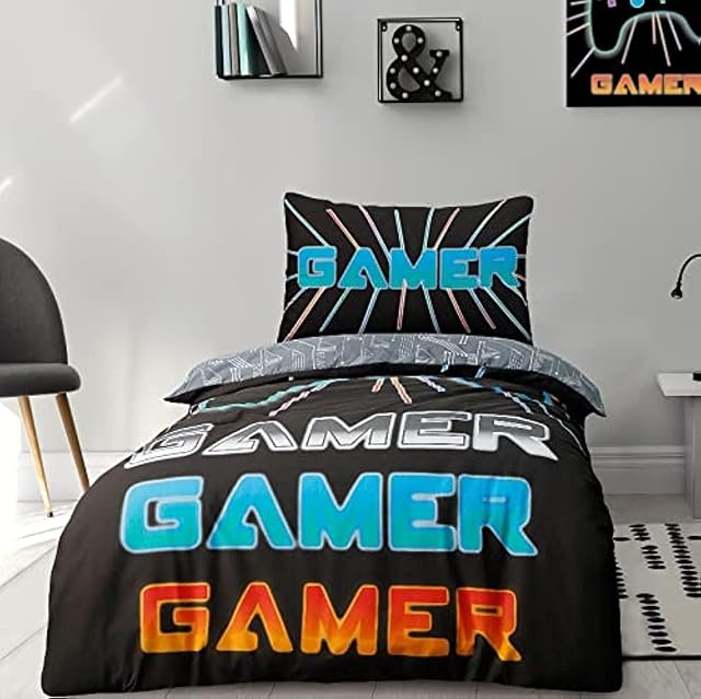 Sleepdown Kids Childrens Retro Video Gamer Reversible Black Grey Multi Grey Duvet Cover Quilt Pillow Case Bedding Set Soft Easy Care - Single (135cm x 200cm)