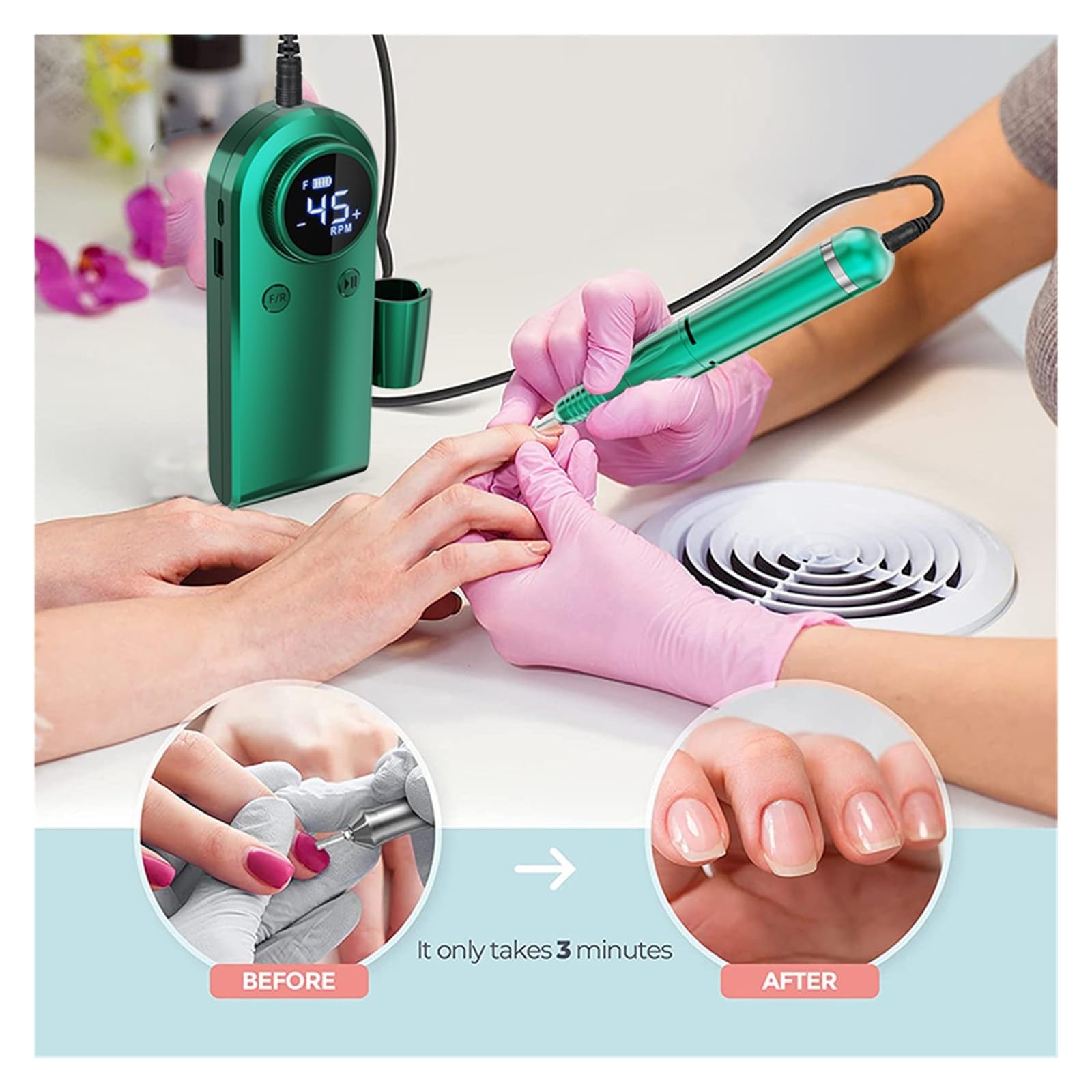 Lima elettrica per unghie 45000 RPM Nail Sander Machine Set Nail Drill Machine for Pedicure Manicure Taglierina elettrica ricaricabile for manicure con display LCD Lima precisa(White)
