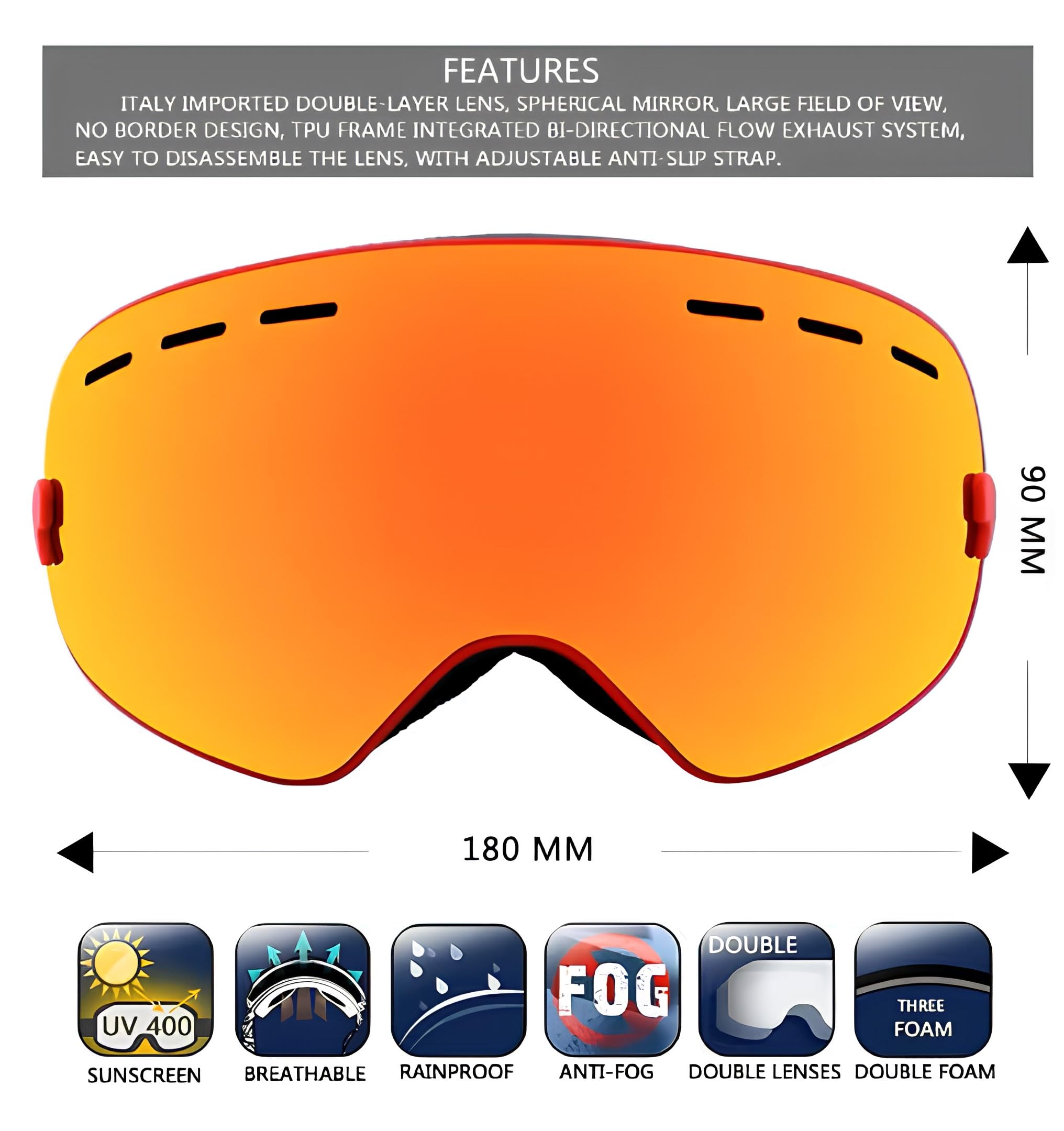 PHMAX - Máscara de esquí para hombre y mujer, gafas de esquí snowboard para moto de nieve sin montura 100% UV400, antiniebla, máscara de esquí de invierno