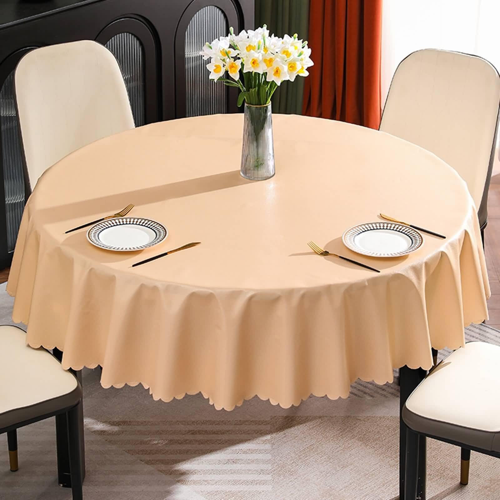 Nappe ronde 180 cm PVC anti taches imperméable couleur champagne pour table de maison