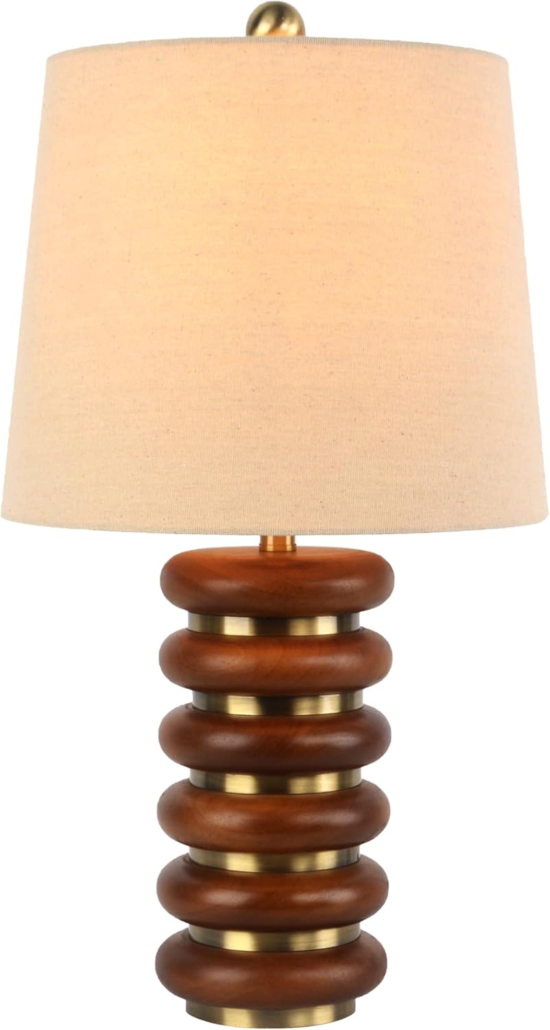 Abani Table Lamp Thalia Stacked Ring 21.5” – Mid-Century Modern Brown Wood Base with Wheat Linen Shade – E26 Bulb Included – Stylish Desk Lamp for Bedroom, Living Room, Dorm or Nightstand