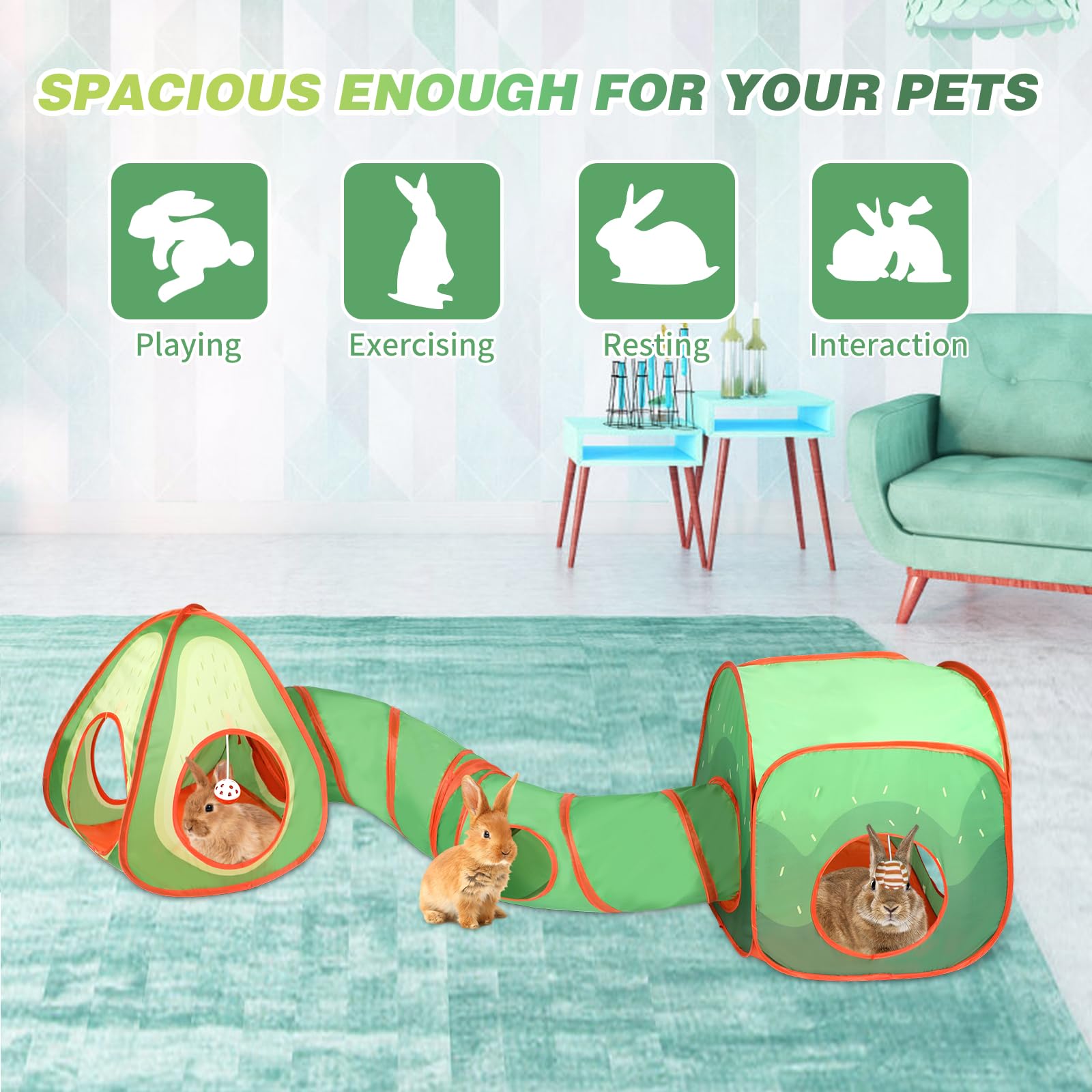 BWOGUE Tunnels et tubes pliables pour lapins et cubes pliables pour aire de jeux pour petits animaux - Cachette d'activité pour lapins nains, lapins, cochons d'Inde, chaton (avocat)