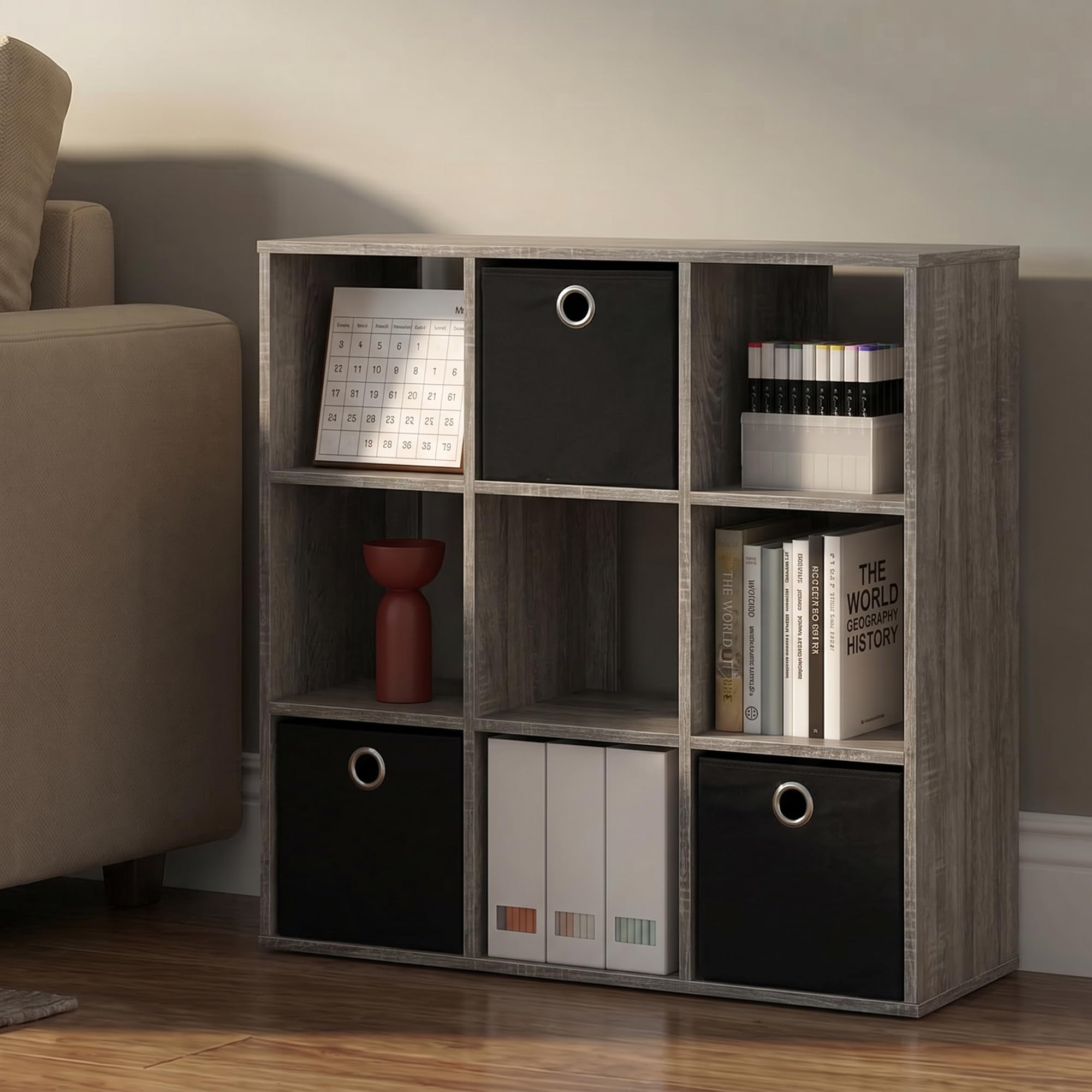 Furinno Simplistic Estantes de Almacenamiento, Madera, Gris/Negro, 9-Cube