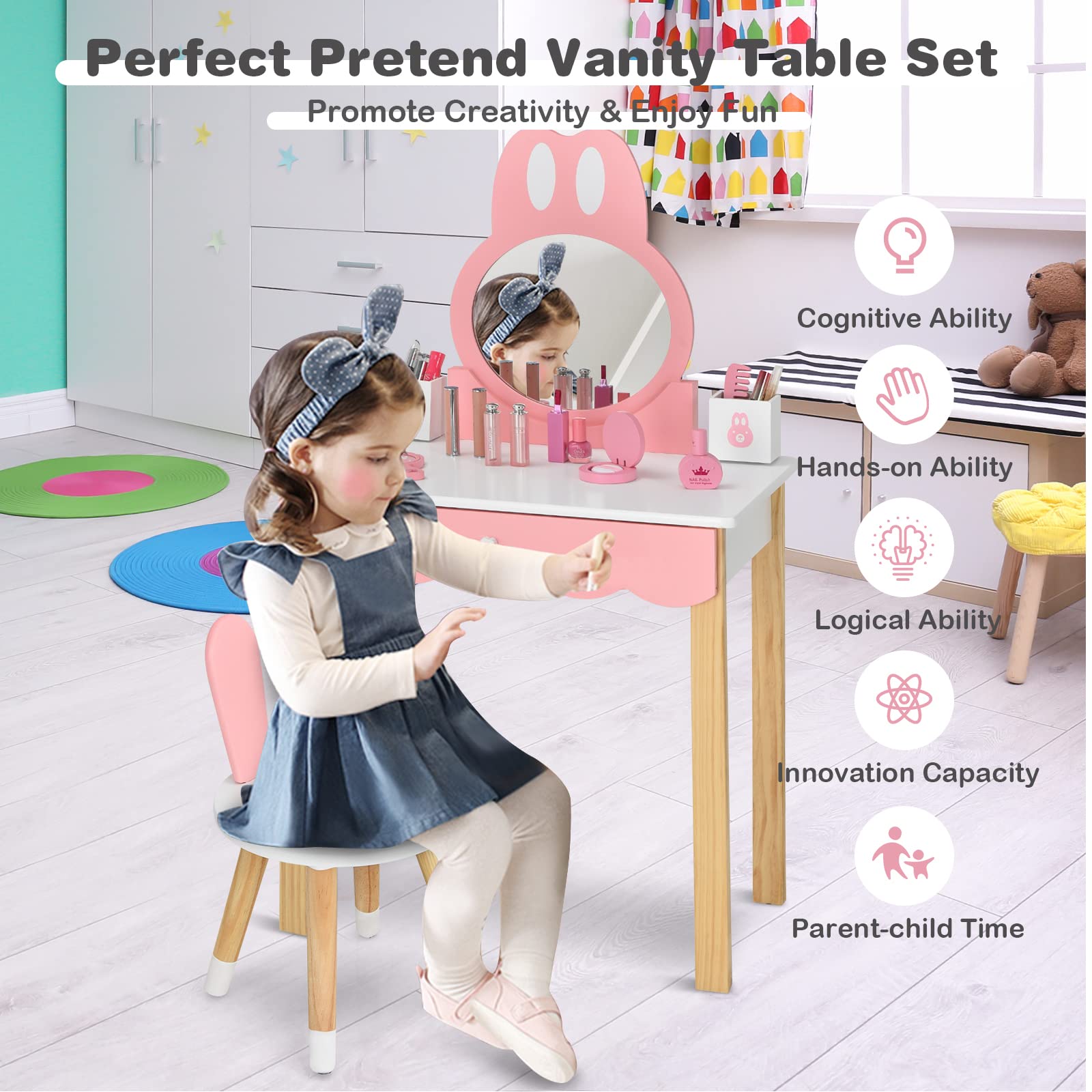 Coiffeuse Enfant 2 en 1 avec Miroir en Forme Lapin,Table de Maquillage en Bois avec Tabouret Coiffeuse Enfant 2 en 1 avec Miroir en Forme Lapin,Table de Maquillage en Bois avec Tabouret