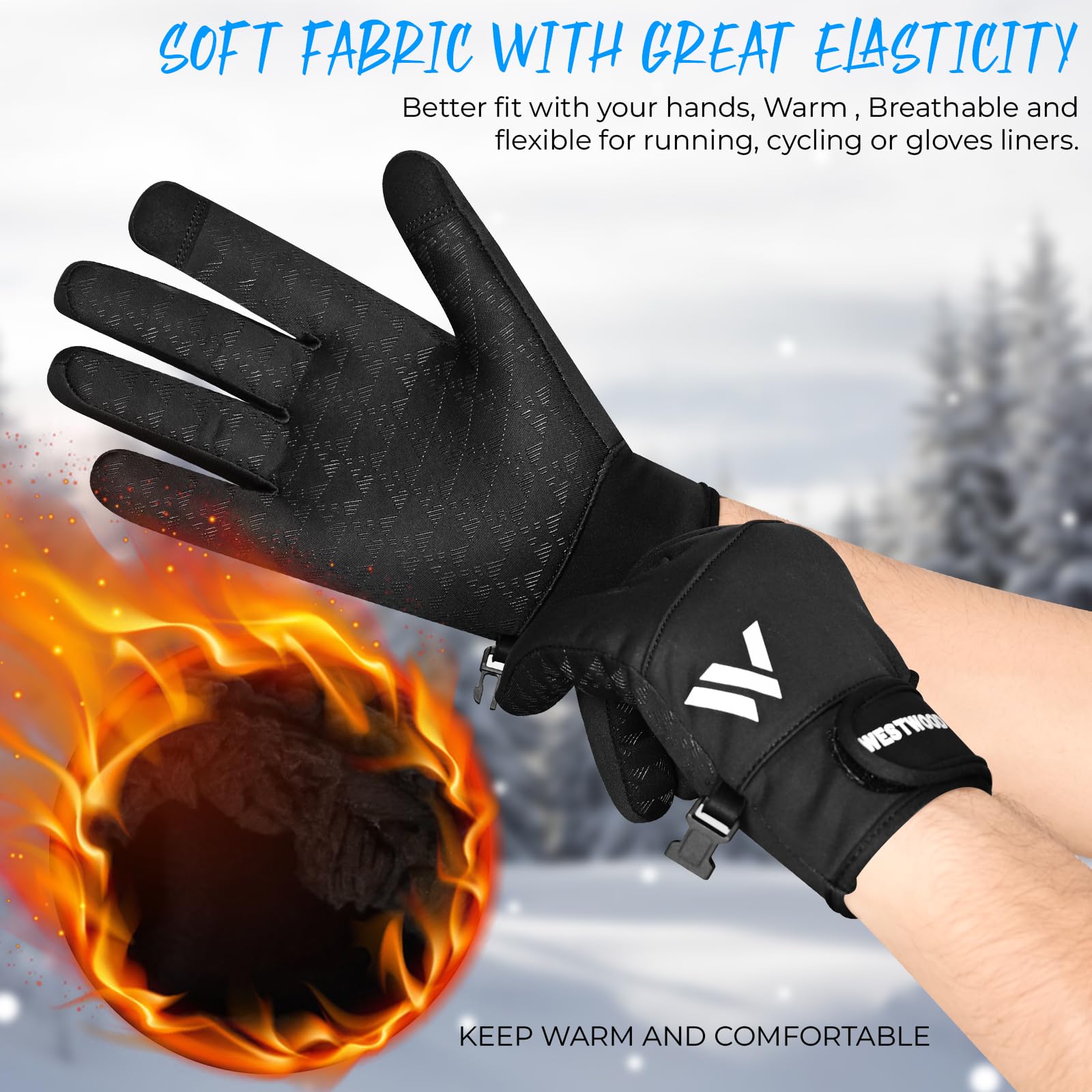 WESTWOOD FOX Gants d'hiver chauds coupe-vent imperméables homme femme écran tactile thermiques poignets élastiques course