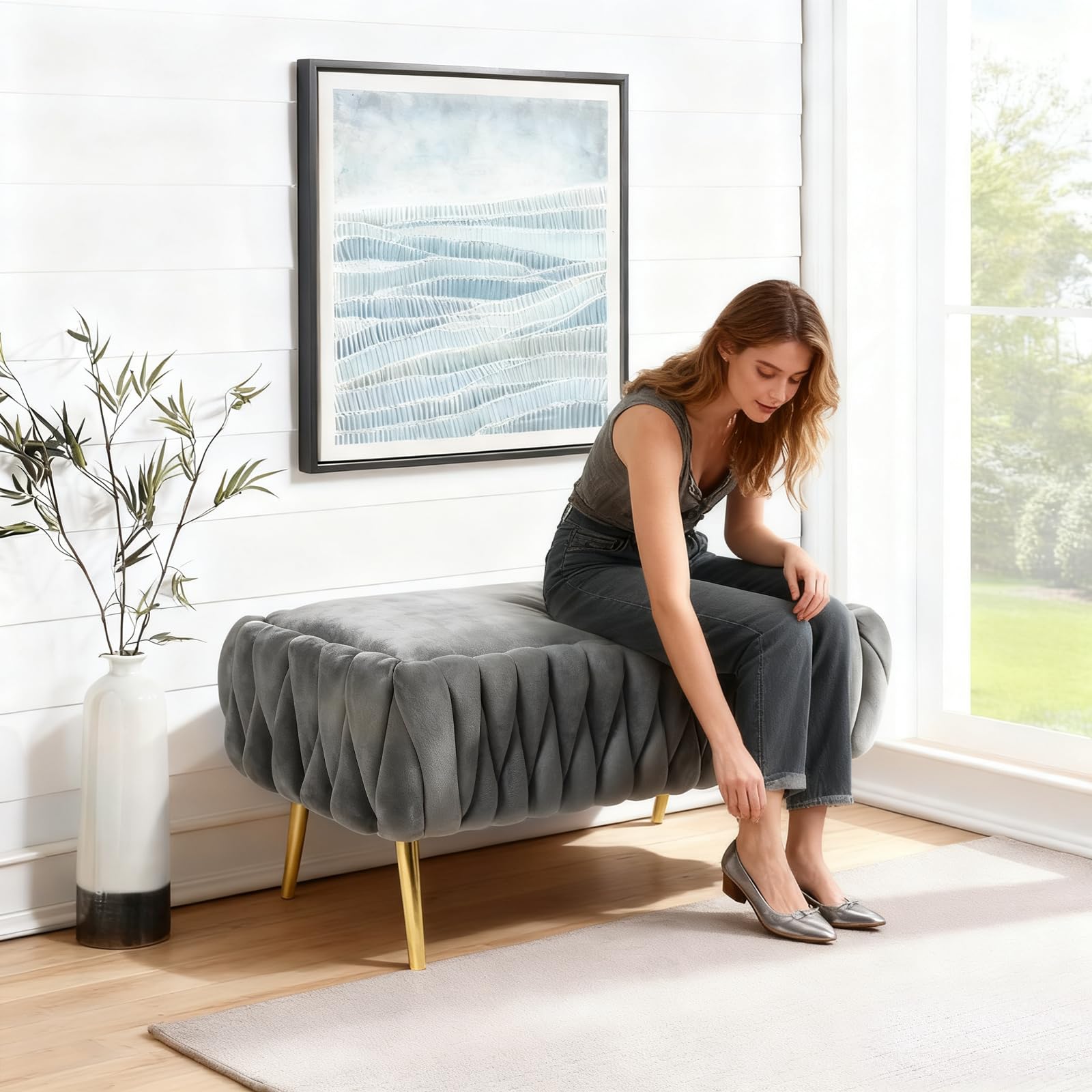 Sitzbank mit Stauraum, Aufbewahrungsbank, Samt Bettbank mit Metallbeinen, Polsterbank Hockerbank für Wohnzimmer, Schlafzimmer, Flur, bis 300 kg Belastbar, 105 x 20 x 44cm (Grau)