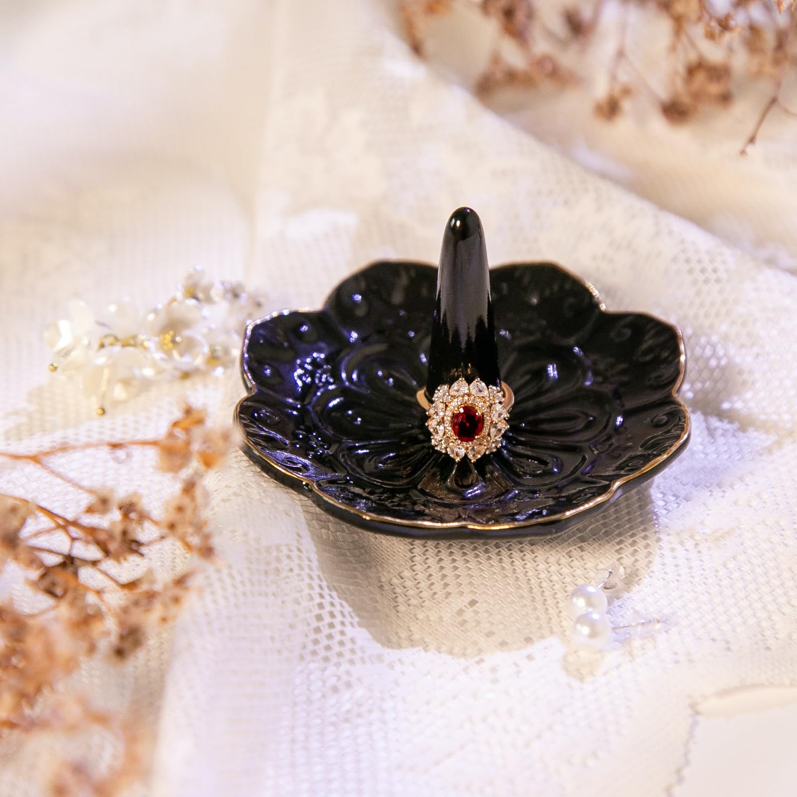 HOMEGOAL Ceramic Ring Holder Dish for Jewelry, Decorative Mandala Jewelry Tray for Rings Earrings Necklaces Watch Keys, Aesthetic Room Decor, Birthday Engagement Wedding Gifts for Women (): Black