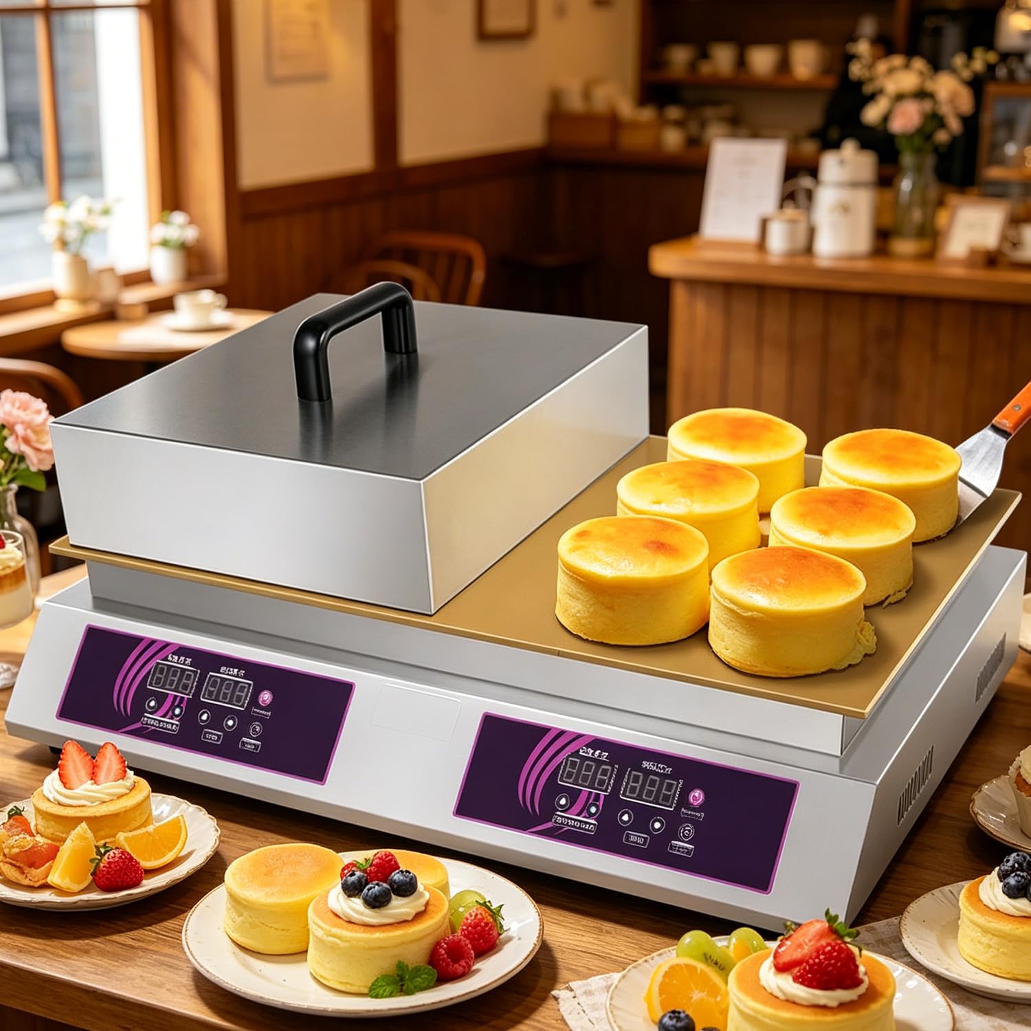Azcabjie Commercial Dorayaki Souffle Making Machine Copper Plate Electric Pancake Muffin Baker Non-Stick Countertop Griddle Adjustable Temp Doublehead