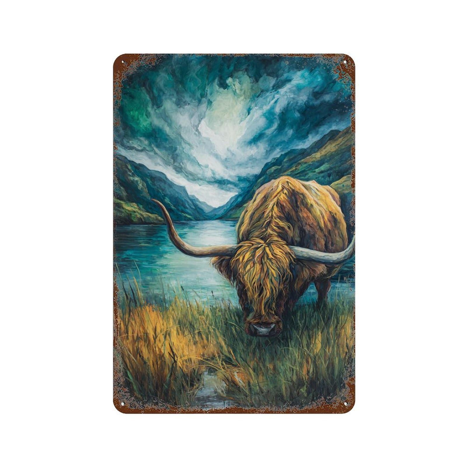 Scottish Highland Cow Painting-2 Vintage Metal Tin Sign 11.8"x7.9", Farmhouse Wall Decor for Garage, Bar And Workshop Decor