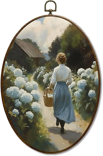 JQF Decoración de pared ovalada floral de hortensias vintage, arte de pared en lienzo ovalado floral de casa de campo, impresiones rústicas de