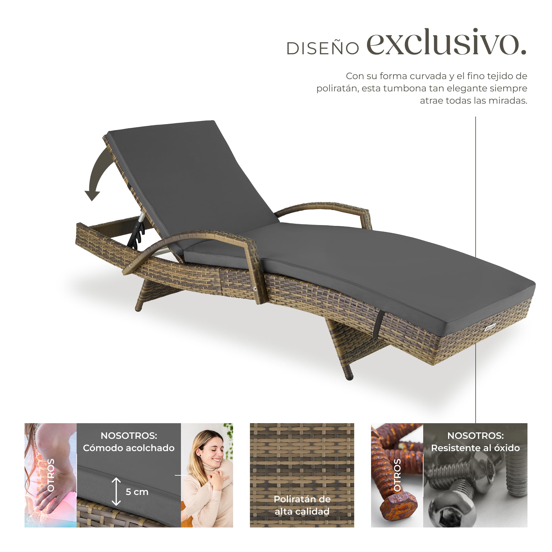 tectake® Tumbona Jardín Exterior de Ratán y Aluminio, Tumbona de Piscina con Respaldo Regulable en 5 Posiciones, Tumbona de Playa Impermeble y Resistente a Intemperie, Fácil Limpieza - Natural