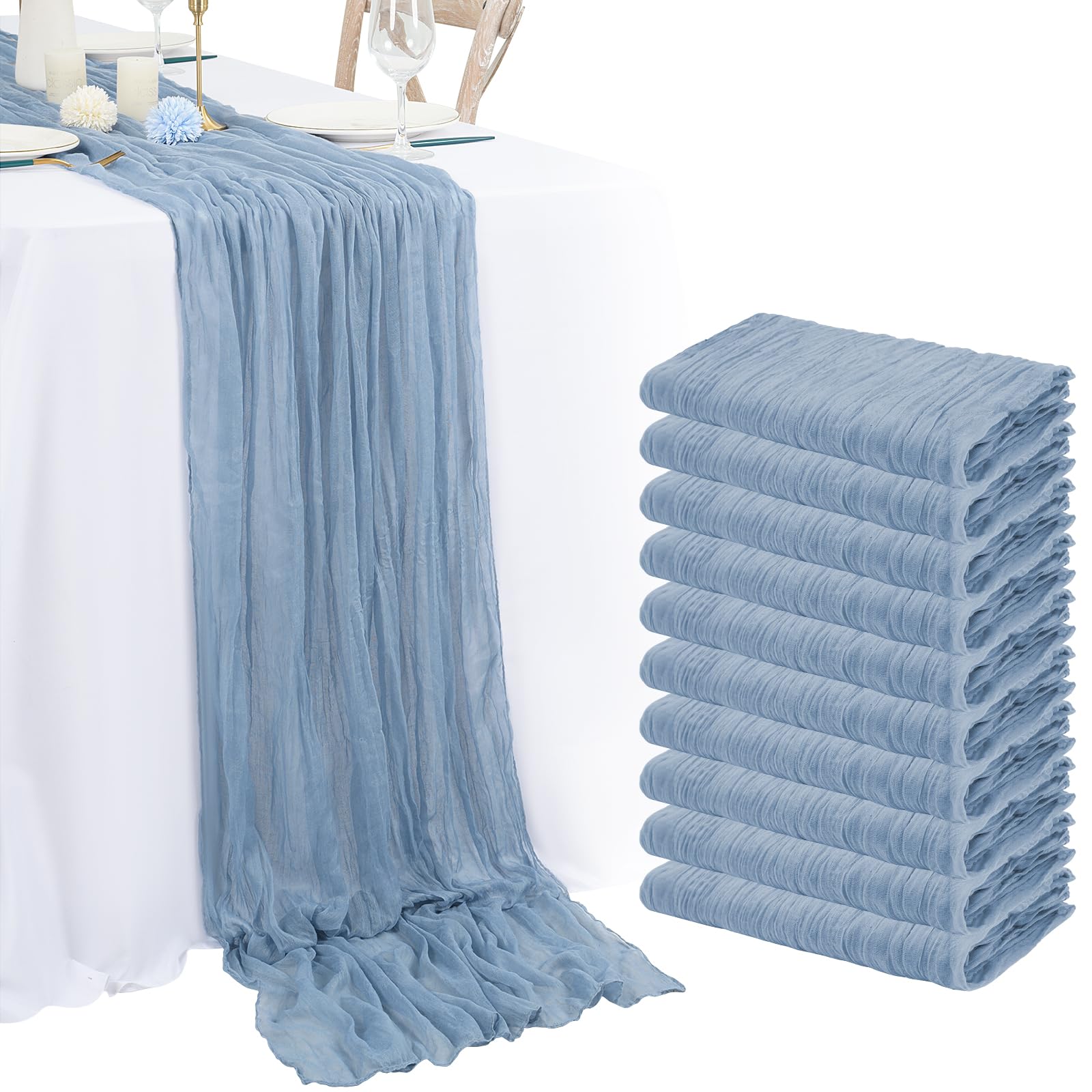 Photo 1 of 10 Pack Dusty Blue Cheesecloth Table Runner 10FT Boho Romantic Gauze Table Runner 20 x 120 Inch Rustic Sheer Runner for Wedding Party Bridal Shower Thanksgiving Christmas Decoration