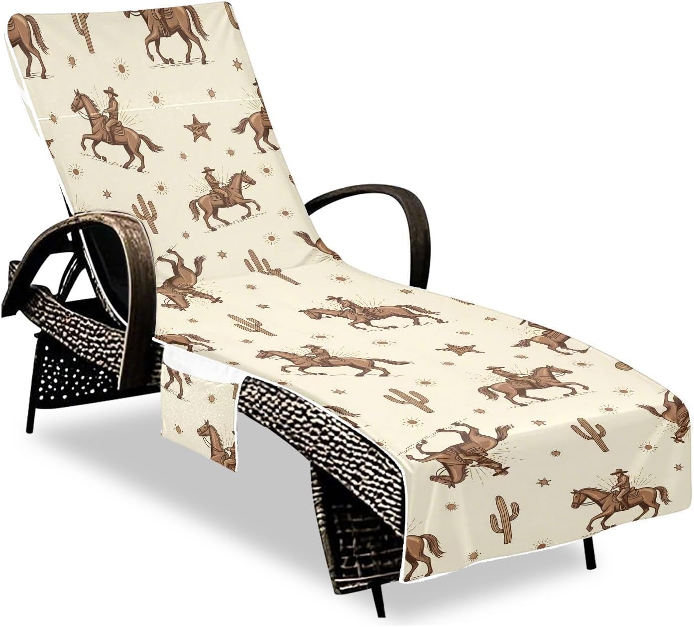 Cowboy Lounge Chair Towel Cover with Side Pockets – 85x30in Foldable Chaise Cover for Beach, Pool, Patio, Spa