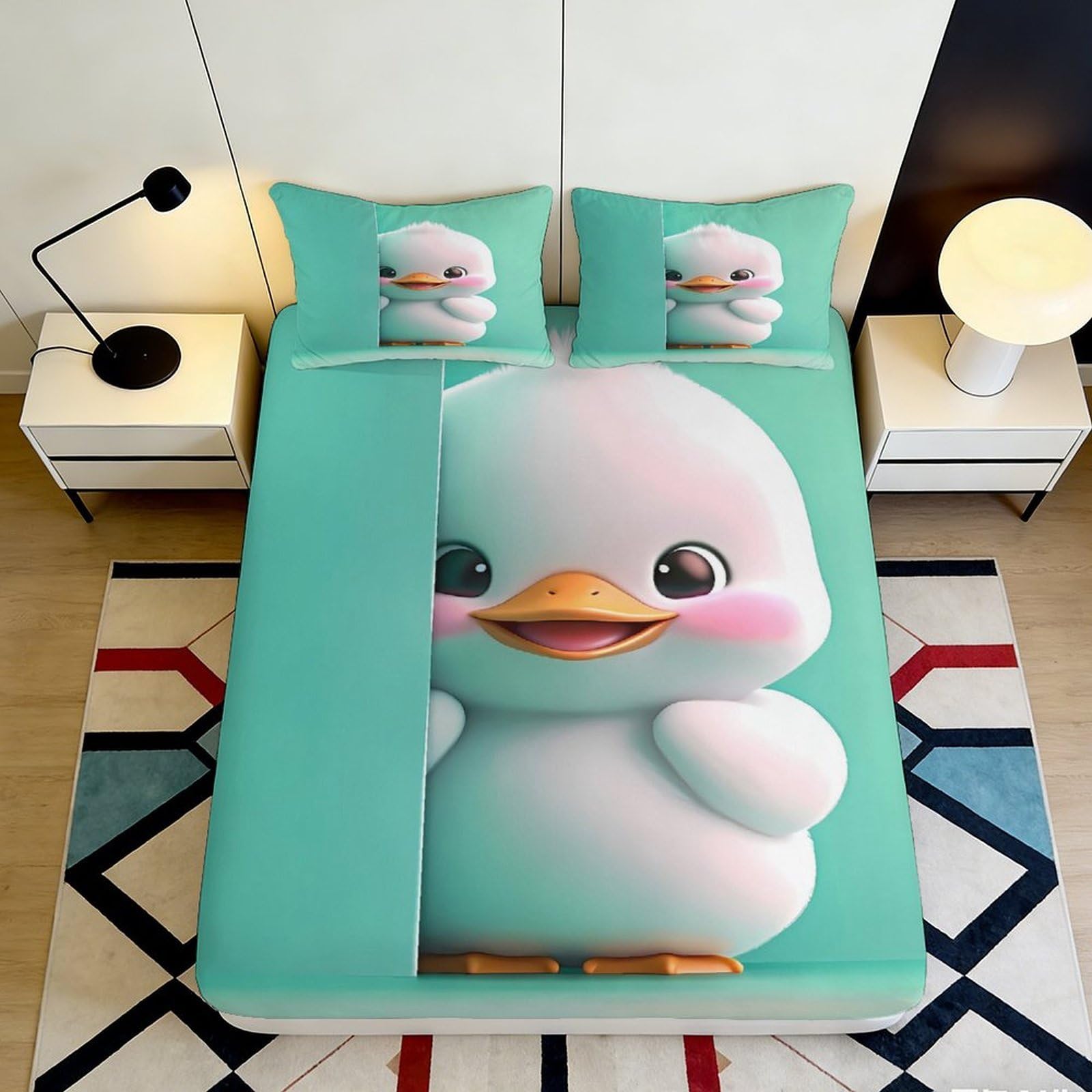 3D Printed Cute Duck Fitted Sheet Microfiber Soft Washable Cartoon Bird Mattress Cover for Bedroom Dorm Decor 90x200x25cm