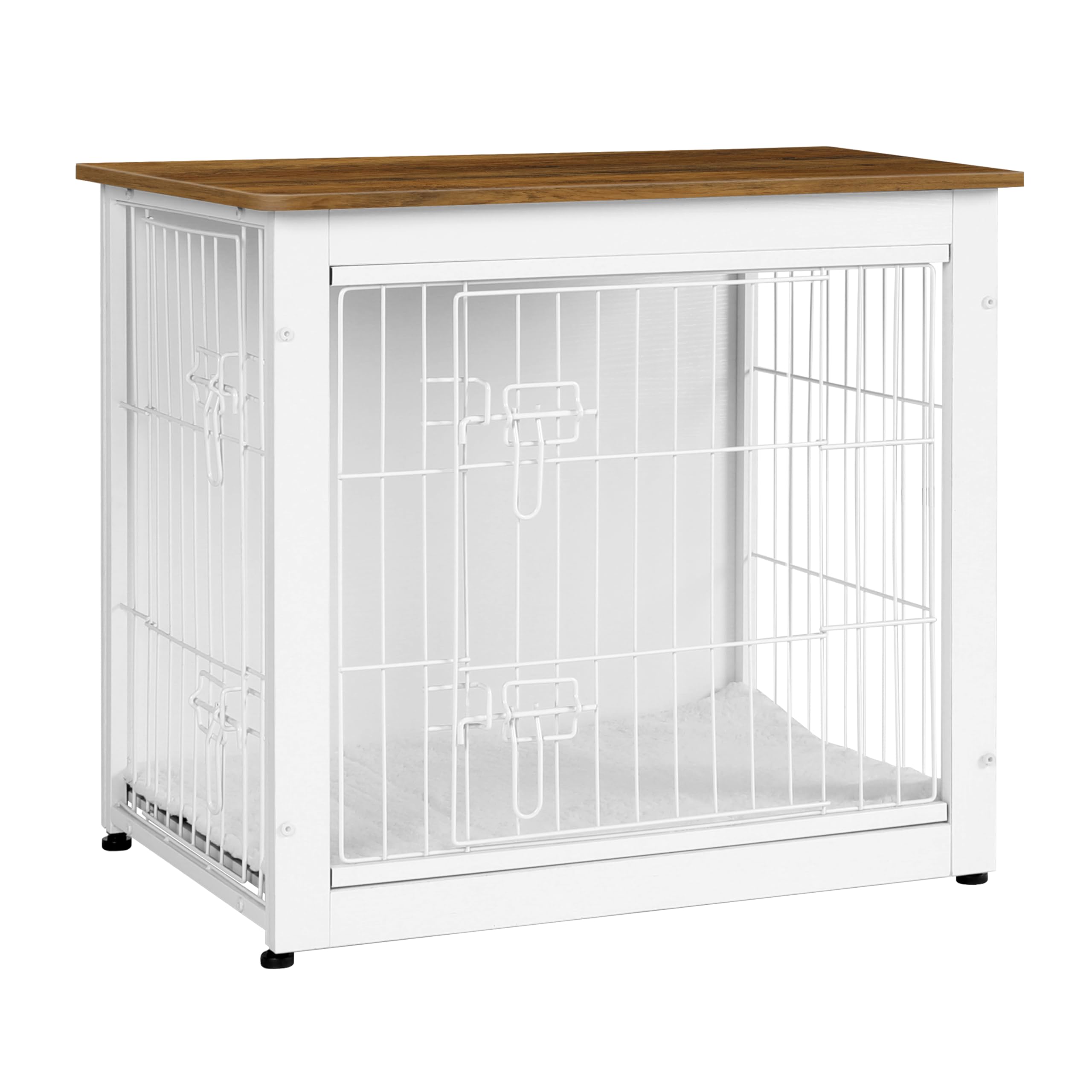 DWANTON Dog Crate Furniture with Cushion, Wooden Kennel Table with Double Doors, Indoor Dog House, Small/Medium/Large Size, 27.2" L, White+Warm Brown