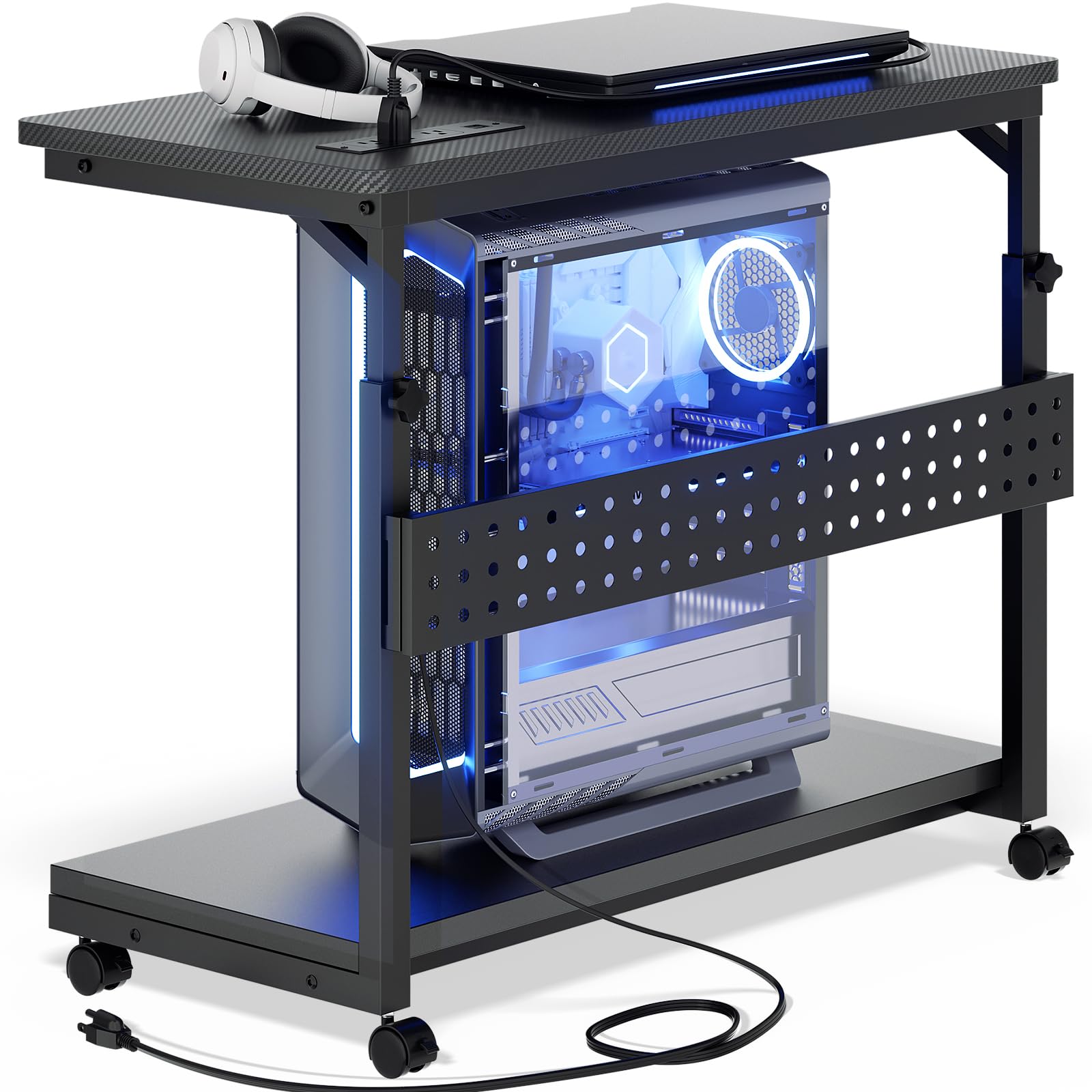 Photo 1 of Besiost 32" Large Computer Tower Stand with Power Strips, 4 Levels Manual Height Adjustable PC Tower Stand for Under Desk, Mobile Rolling CPU Holder Computer Cart with Wheels, Carbon Fiber Black