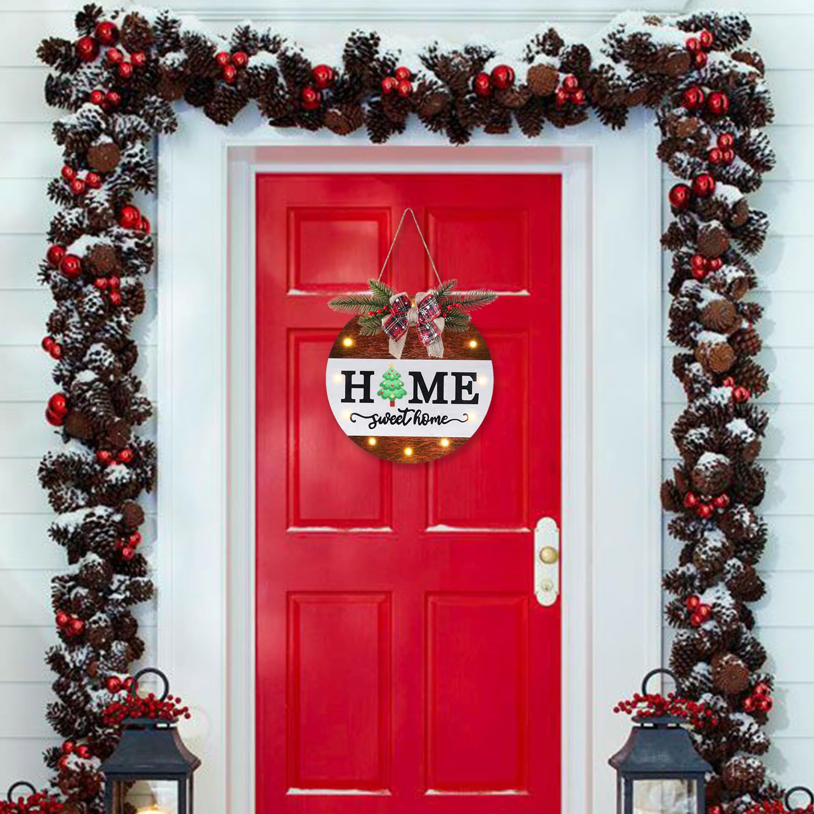 HOMCDALY Letrero de bienvenida intercambiable para puerta delantera con 4 coronas de temporada, coronas de puerta para puerta delantera con 12 luces LED, letrero de pared rústico de bienvenida para