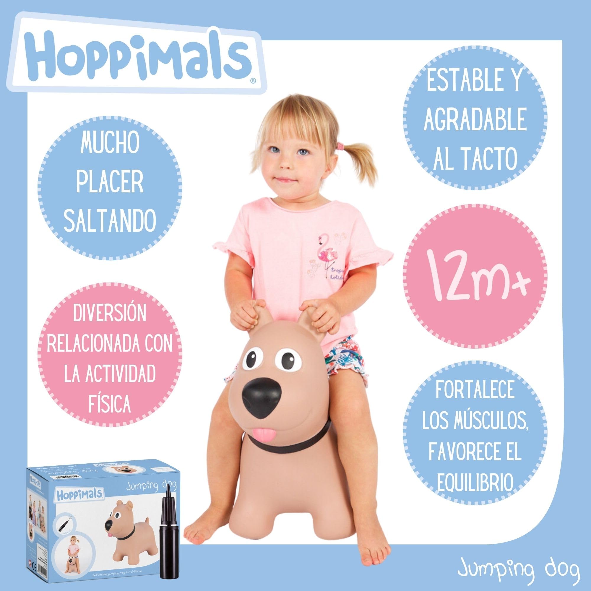 Tootiny, Juguete Hinchable para Saltar y Jugar para Niños Mayores de 1 año, Perro MARRÓN, Bomba Incluida en Nuestra Caja Regalo. Juguete Duradero Incentivar y Ayudar a Andar.
