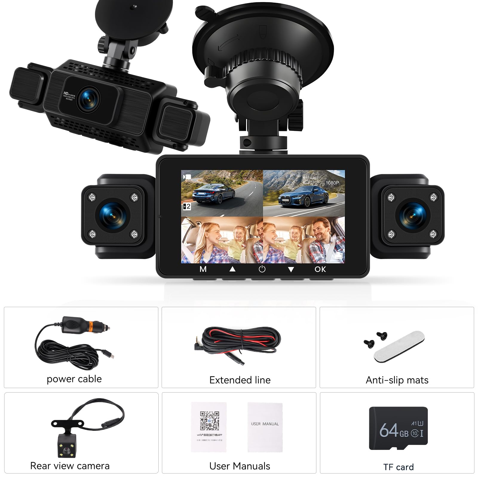 360 Degré 4 Canaux Tout Autour 1080P Car Dash Cam, 3 Pouces IPS Ecran avec WiFi/64GB/G-Sensor/Caméra Arrière/Mode Parking 24H/Vision de Nuit/Enregistrement en Boucle
