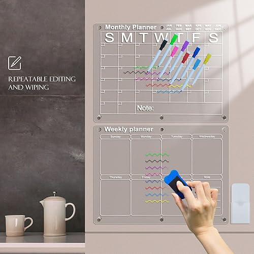Miniatura 2 de Masshomi Paquete de 2 calendarios magnéticos de pizarra blanca acrílica para nevera, gran espacio, mensual y semanal, 8 rotuladores de color,