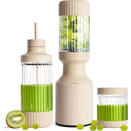 Beast Mighty 850 Plus | Premium Compact Personal Blender | Smoothies, Shakes, Dressings, Sauces | Blends Ice and Frozen Fruit | New XL Vessel | Extra Vessels, Lids and Straws | 850W (Sand)