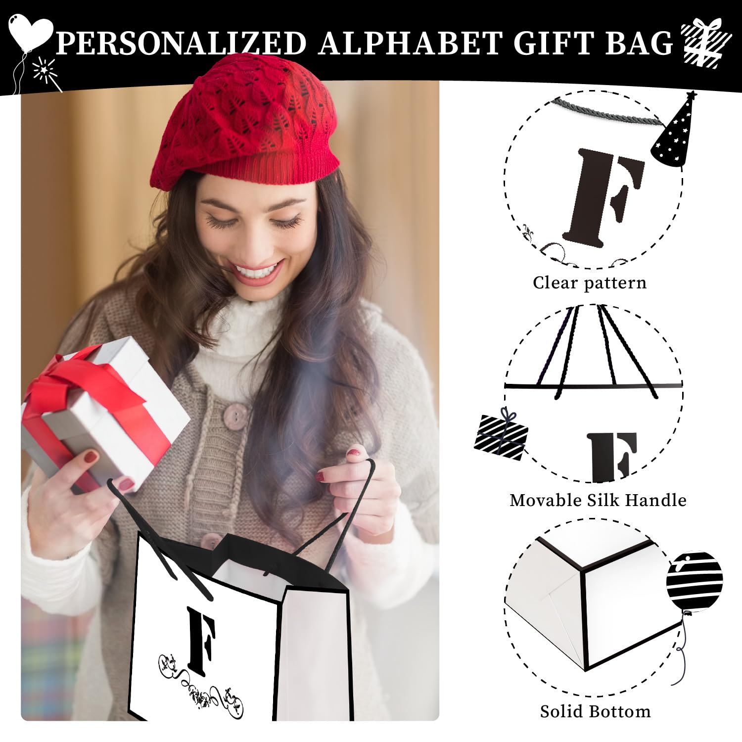 Letter E Gift Bag Set - 12.6x9.8x4.3 Inches, Includes Tissue & Card, For Birthday, Wedding, Baby Shower - View #9