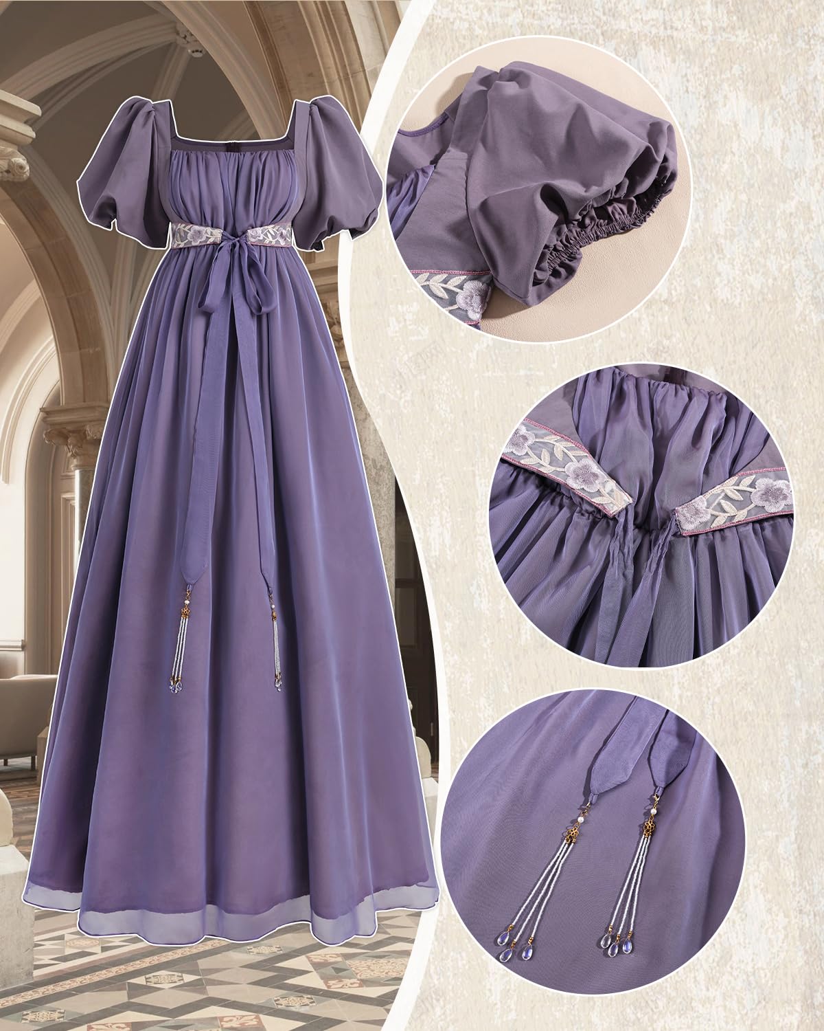 Damen Regency Empire Kleid 19.Jh. Kostüm mit Handschuhen Hochzeit Tee Party