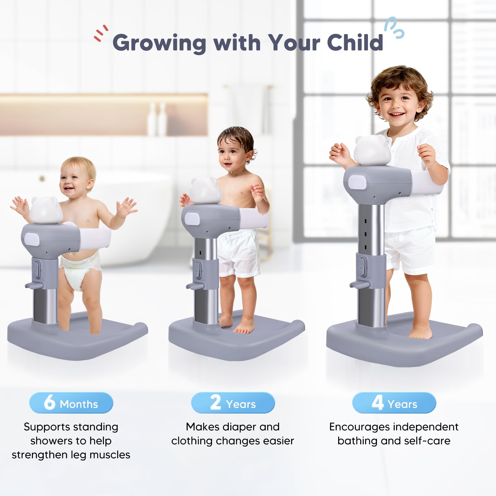Vasca da bagno per bambini con supporto doccia, anti-schiacciamento, antiscivolo, torre doccia regolabile per bambini in piedi, supporto doccia ideale per neonati