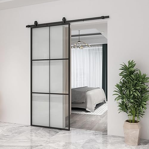 Miniatura 6 de JUBEST Puerta corrediza de granero de vidrio de 36 x 84 pulgadas, marco de aluminio negro de 3 paneles y vidrio templado transparente, puerta