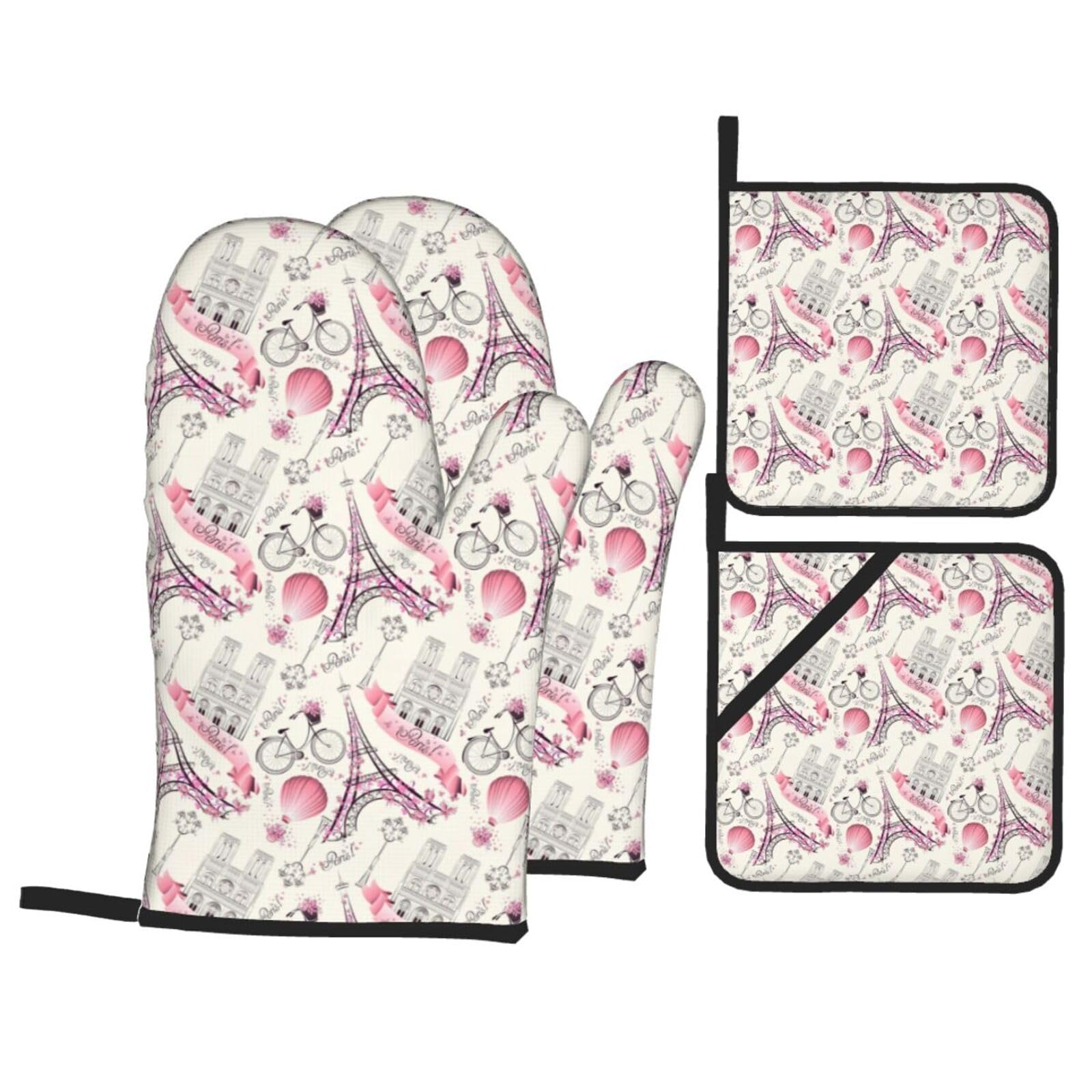 The Paris Tower and a Bicycle Print 4-Piece Oven Microwaving Set Waterproof Kitchen Gloves for Baking Grilling Cooking