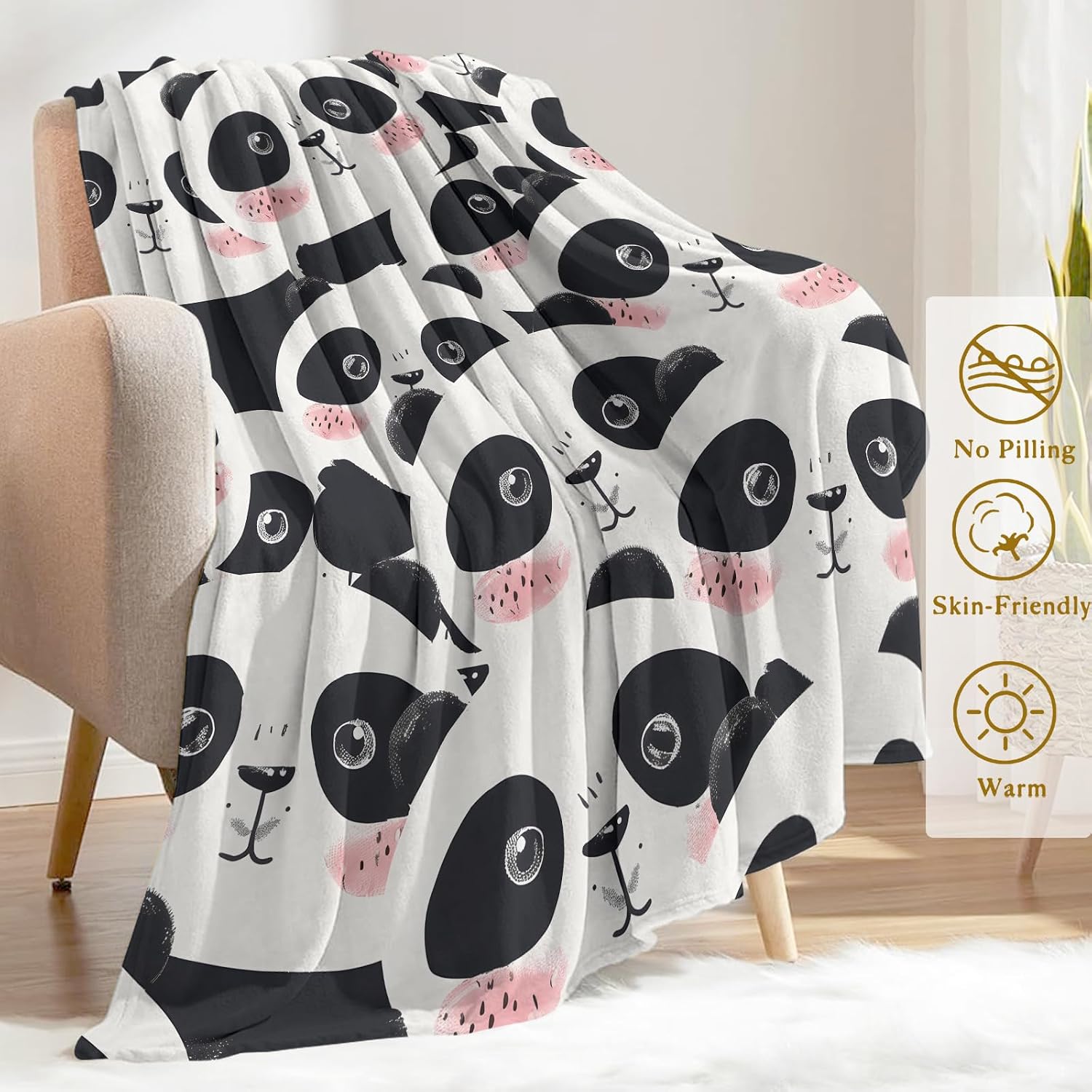 Cute Panda Face Fleece Blanket - Lightweight Soft Cozy Gifts Throw for Animal Lovers,Kids,Women,Girls,Sweet Pandas White Blankets,Home Room Modern Art Decor 50x60in