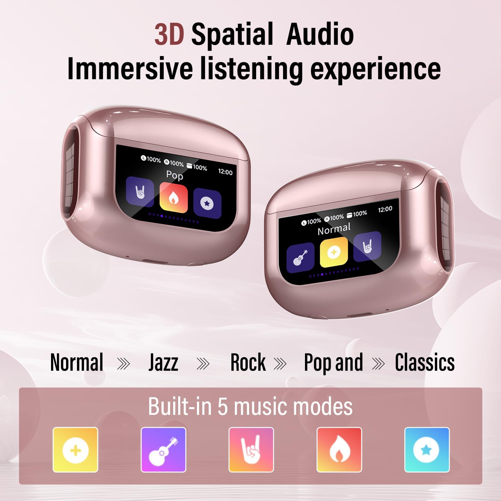 Thunelec Ecouteurs Bluetooth sans Fil, 48H Écouteur Bluetooth 5.4 avec Écran Tactile Multifonction, ANC/ENC/Mode Transparence/Mode 5 EQ, Rose