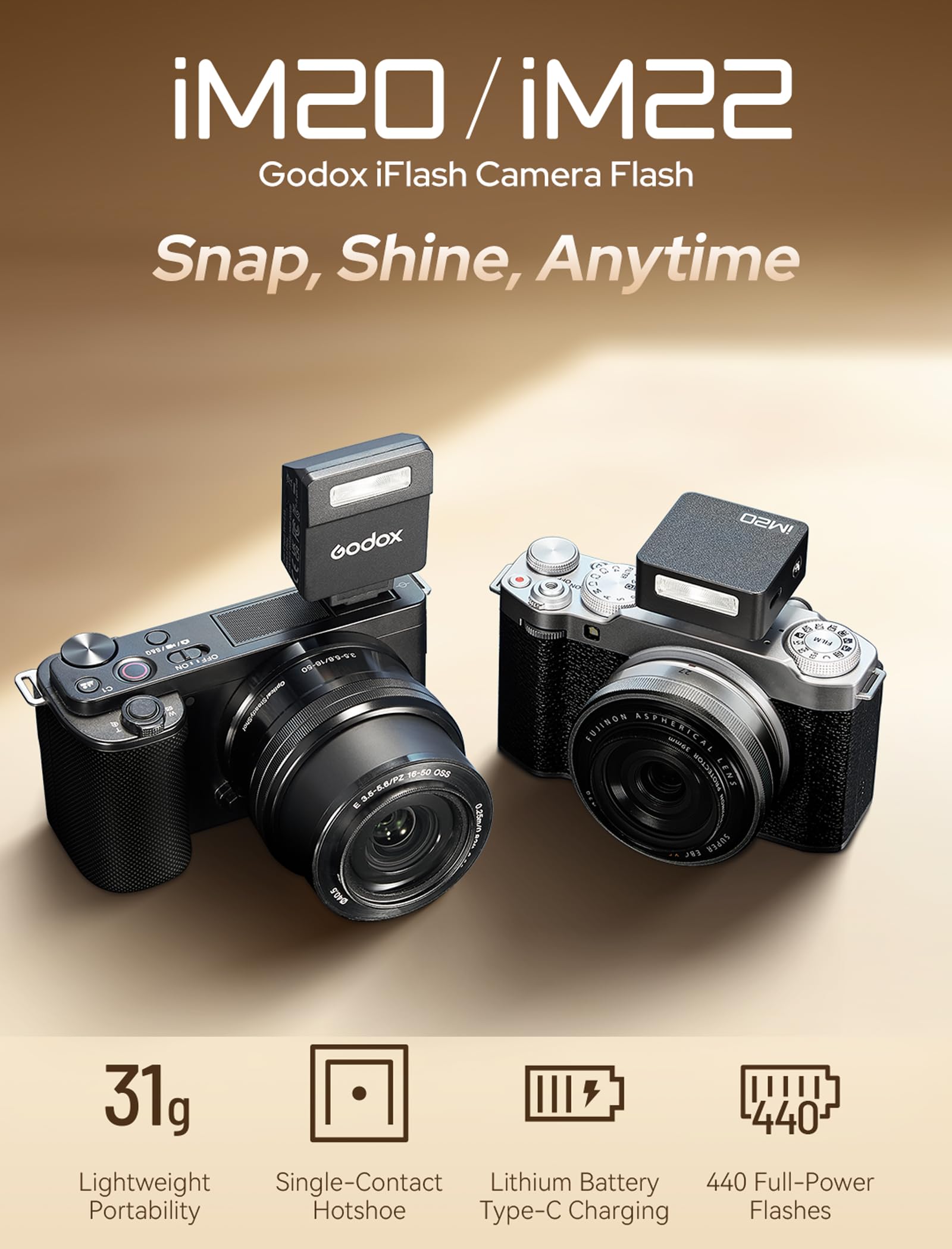 Godox iM22 Flash per fotocamera, mini flash Speedlite, 440 flash a piena potenza, contatto singolo Hotshoe, batteria al litio integrata Compatibile con fotocamera Fuji/Sony/Nikon/Canon/Olympus (iM22)