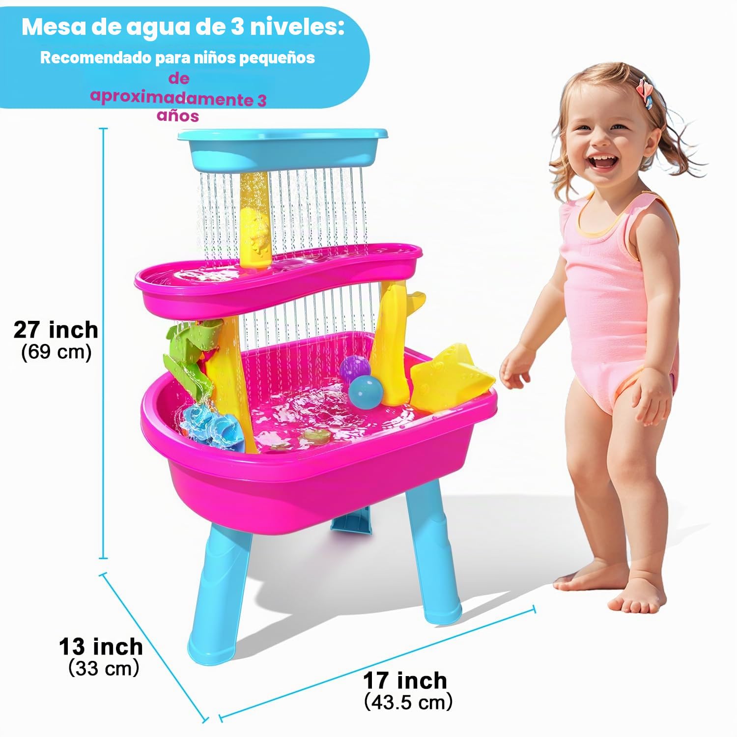 VATOS Mesa de agua de 3 niveles para niños 1-3, 37 piezas mesa de agua para niños lluvia ducha Splash Pond Set para patio trasero al aire libre, actividad sensorial mesa de agua arena mesa de verano