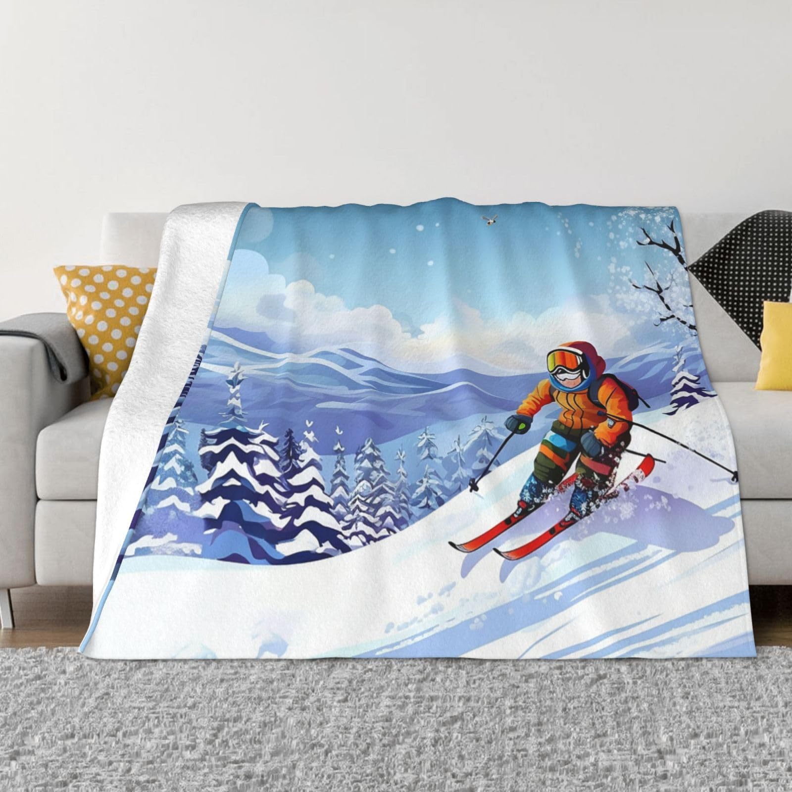 Couverture polaire imprimée ski d'hiver flanelle légère lit et canapé