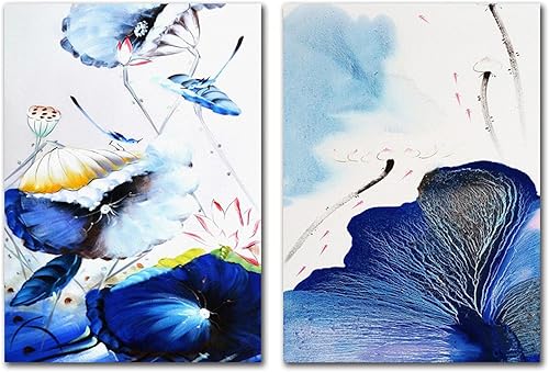 Lienzo azul abstracto e impresiones artísticas Lotus Pond Goldfish lienzo impreso imágenes decoración del hogar moderno 20x30cmx2 sin marco