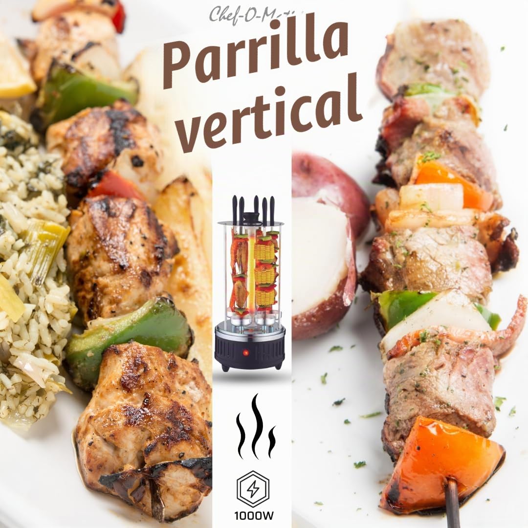 Parrilla vertical sin aceite ni grasa, 1000w, 6 brochetas, Parrilla de Doner, Rotación automática 360º, fácil de limpiar, Barbacoa, Horno eléctrico para brochetas a la parrilla, Kebab