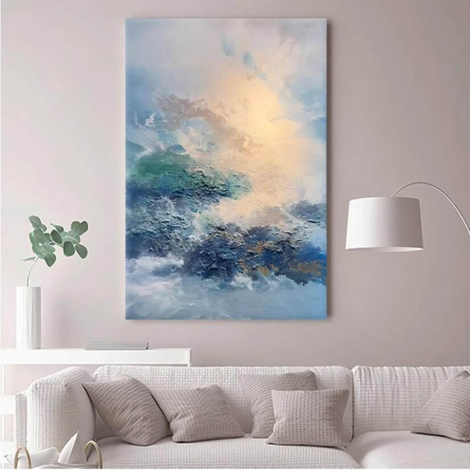Tableau abstrait ciel bleu grande taille pour salon moderne et lumineux