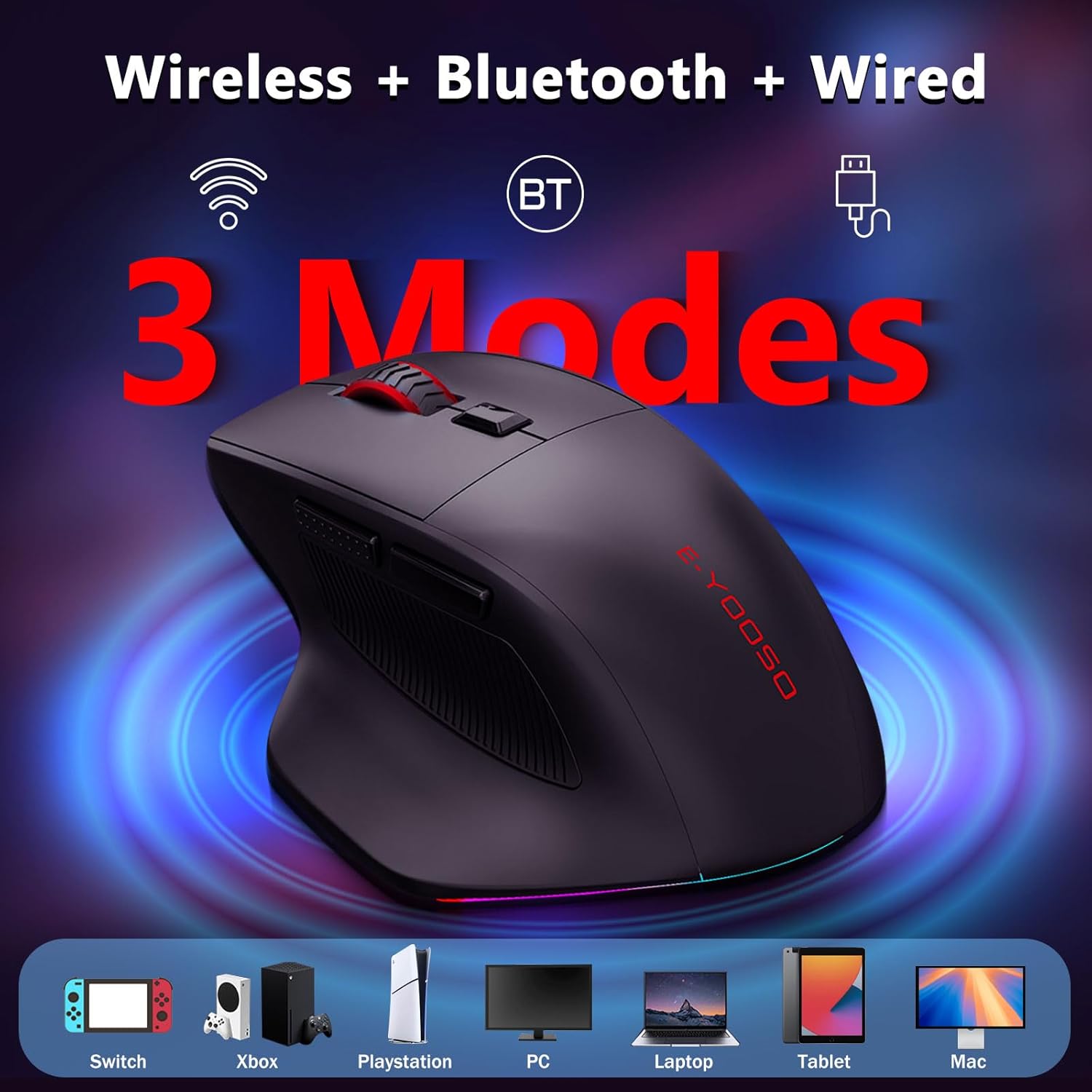 Ergonomic Wireless Gaming Mouse for Big Hands, Tri-Modes 2.4Ghz/Bluetooth/Wired Rechargeable RGB Backlit Mouse with 2 Side Buttons, 12800 DPI, 6 Backlit Modes, Programmable Macro Buttons