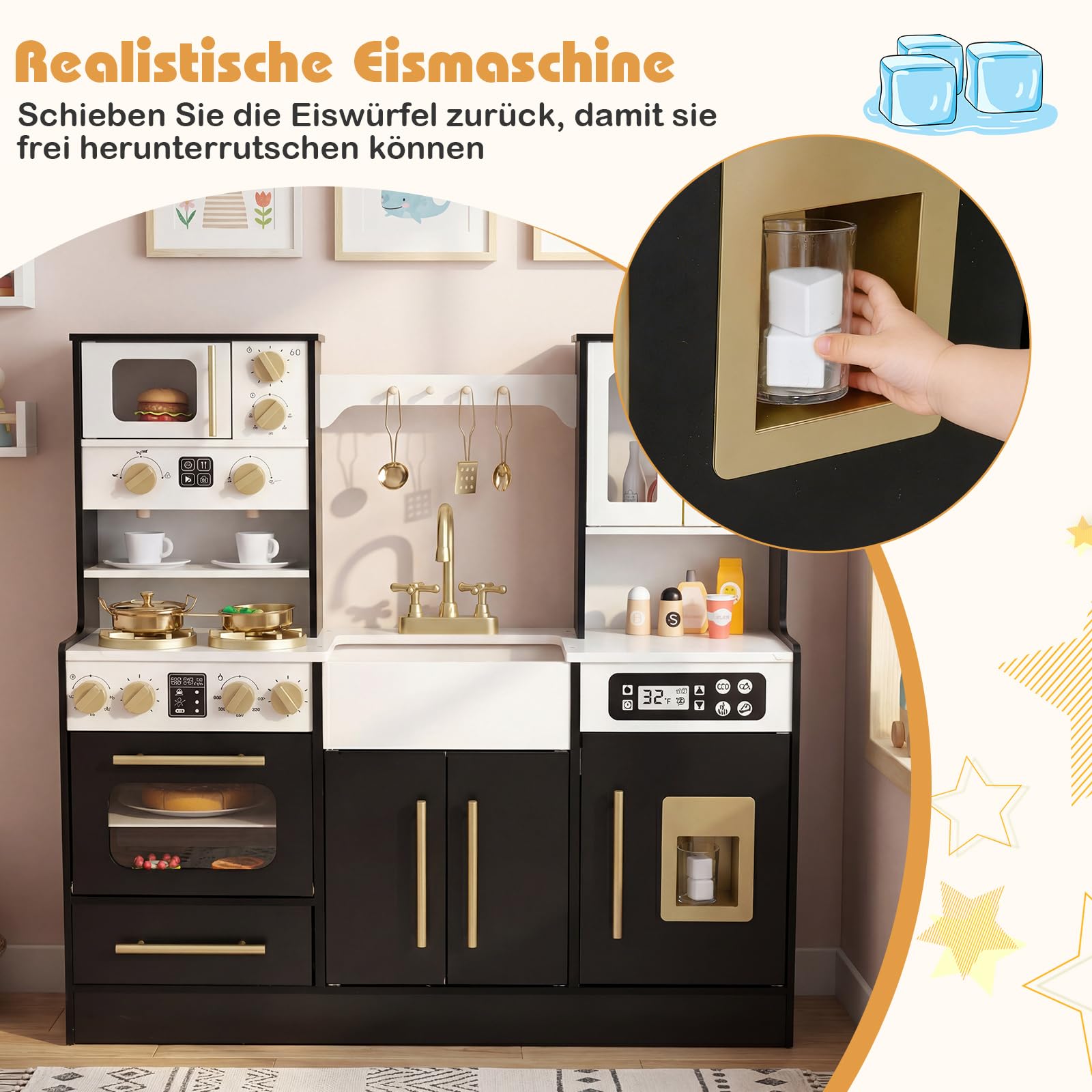 COSTWAY Kinderküche Holz, Spielküche mit Herd, Spüle, Wasserhahn, Backofen, Eismaschine, Mikrowelle & Kaffeemaschine, Holzküche mit Licht und Sound, inkl. Zubehör, für Kinder ab 3 Jahren (Schwarz)