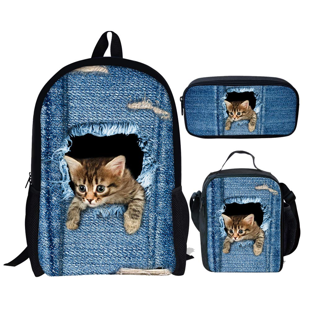 chaqlin Impression 3D Mignon Chat Sac À Dos Filles Campus Book Bags Sacs À Lunch Sacs À Crayons Sac 3pcs