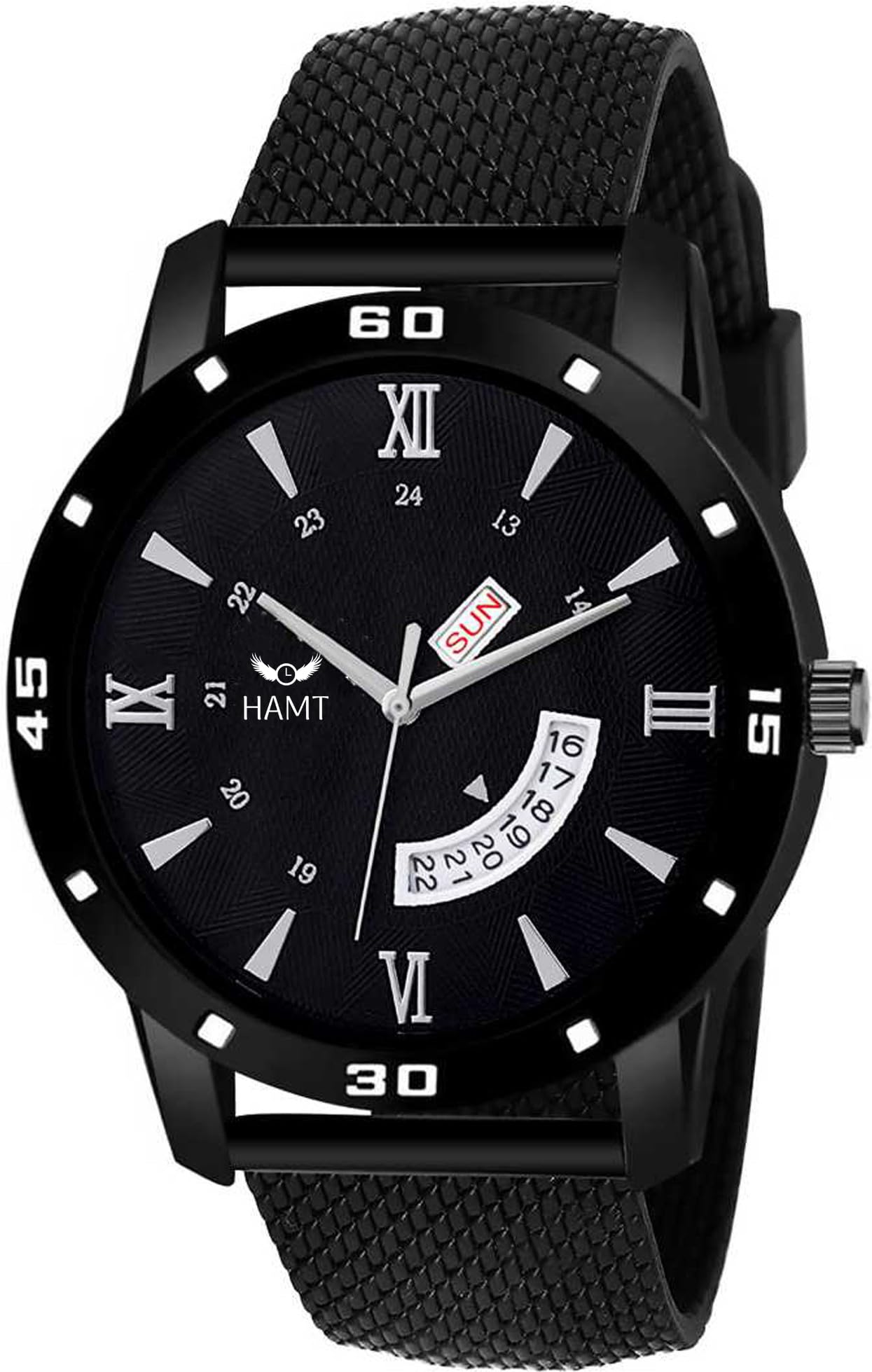 hamtLeather Men Black Dial Day And Date Analog Watch - Ht-Gr007-Blk-Blk, Band_Silver