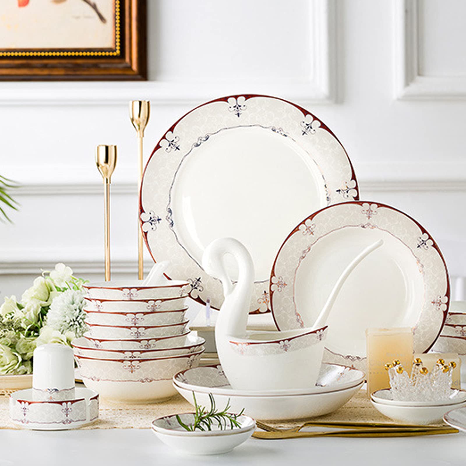 Ensemble de Couverts en Porcelaine Blanche et Bordure dorée avec Assiettes à dîner, Assiettes à Dessert, Assiettes à Soupe et soucoupes pour Cadeaux, Mariage, hôtel, 60 pièces