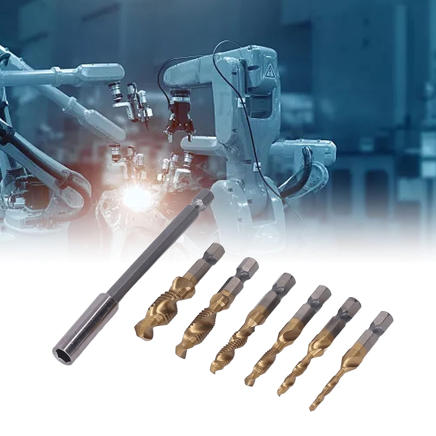 Drill Tap Set with Hex Shank, Spiral Metric M3‑M10 for Steel, Aluminum and Sheet Metal Thin Plate, Chip Removal (Gold)