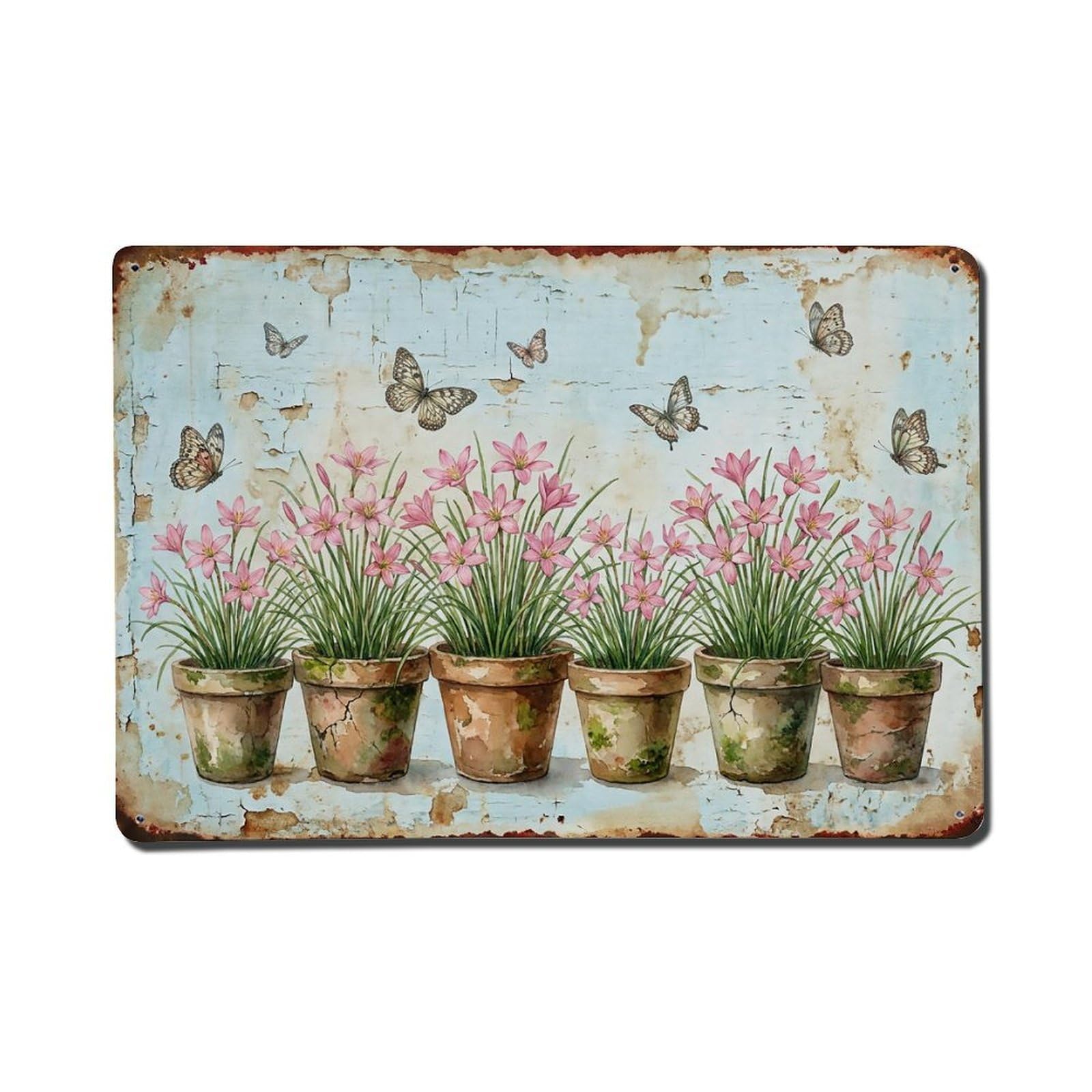 Vintage Rustic Flower Potted Plants Zephyranthes Metal Tin Sign