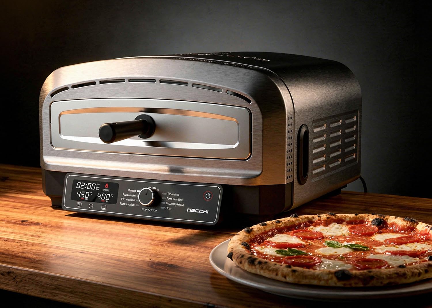 Necchi Pizza Genio – Forno Elettrico per Pizza Digitale, Temperatura fino a 450°C, 7 Programmi Preimpostati, Pietra Refrattaria Inclusa, Resistenze Regolabili Separatamente