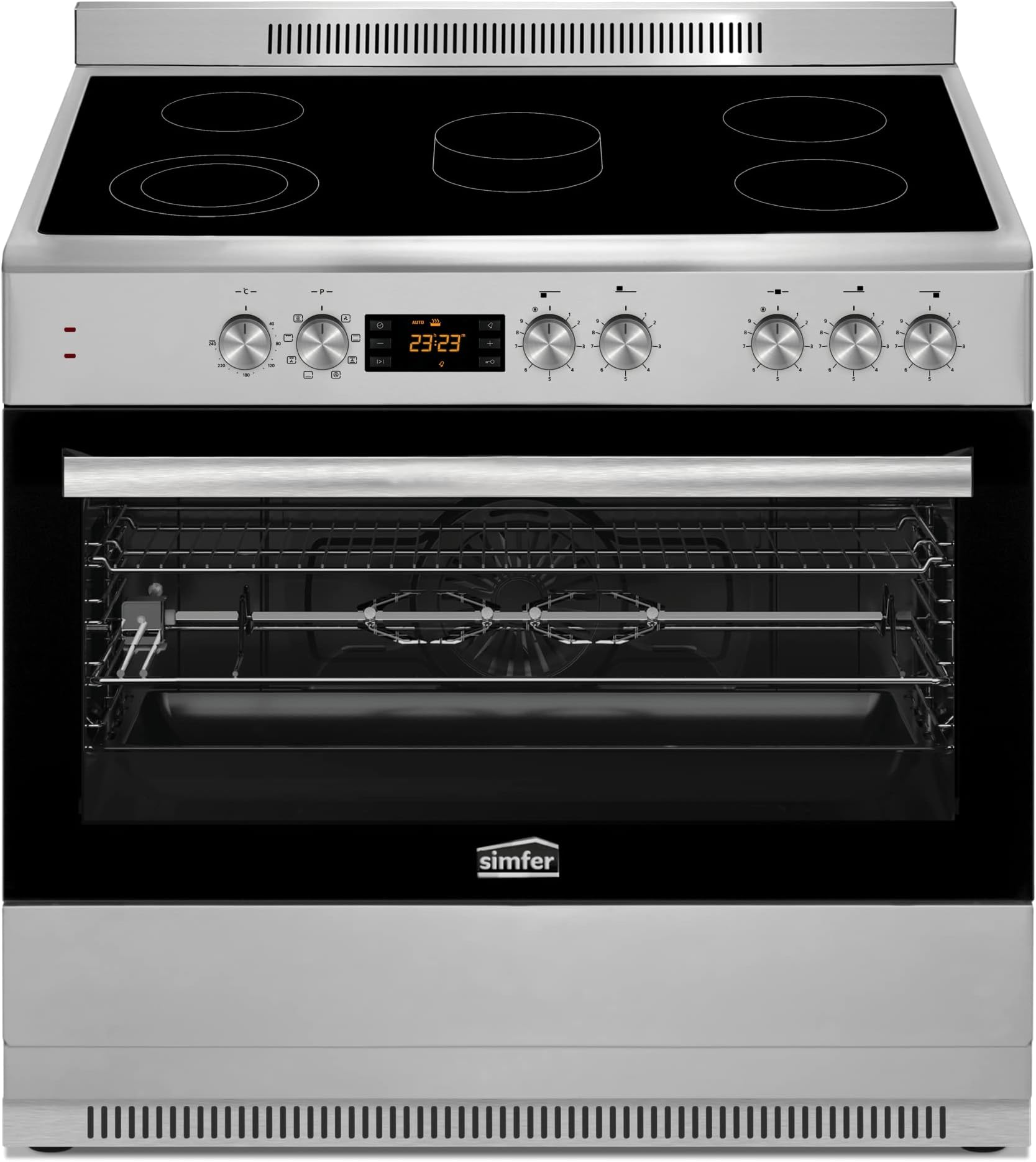 SIMFER 90X60 Ceramic Cooker with 5 Zones, Gray Ceramic + Catalytic Coating, 8 Cooking Function, 107 Oven Capacity, Cooling Fan, Removable oven Glass, Digital Display SMF9067VCH